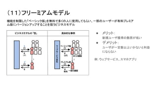 （１１）フリーミアムモデル
● メリット：
新規ユーザ獲得の敷居が低い
● デメリット：
ユーザが一定数以上いかないと利益
にならない
例：ウェブサービス、スマホアプリ
機能を制限した「ベーシック版」を無料で多くの人に使用してもらい、一部のユーザーが有料プレミア
ム版にバージョンアップすることを狙うビジネスモデル
 