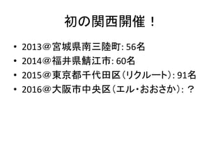 初の関西開催！	
•  2013＠宮城県南三陸町:	
  56名	
  
•  2014＠福井県鯖江市:	
  60名	
  
•  2015＠東京都千代田区（リクルート）:	
  91名	
  
•  2016＠大阪市中央区（エル・おおさか）:	
  ？	
  
 