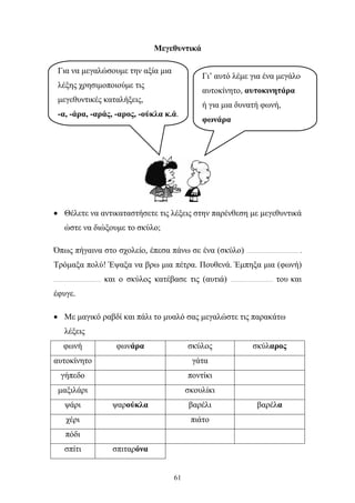 61
Μεγεθυντικά
• Θέλετε να αντικαταστήσετε τις λέξεις στην παρένθεση µε µεγεθυντικά
ώστε να διώξουµε το σκύλο;
Όπως πήγαινα στο σχολείο, έπεσα πάνω σε ένα (σκύλο) …………………………… .
Τρόµαξα πολύ! Έψαξα να βρω µια πέτρα. Πουθενά. Έµπηξα µια (φωνή)
………………………… και ο σκύλος κατέβασε τις (αυτιά) ……………………… του και
έφυγε.
• Με µαγικό ραβδί και πάλι το µυαλό σας µεγαλώστε τις παρακάτω
λέξεις
φωνή φωνάρα σκύλος σκύλαρος
αυτοκίνητο γάτα
γήπεδο ποντίκι
µαξιλάρι σκουλίκι
ψάρι ψαρούκλα βαρέλι βαρέλα
χέρι πιάτο
πόδι
σπίτι σπιταρόνα
Για να µεγαλώσουµε την αξία µια
λέξης χρησιµοποιούµε τις
µεγεθυντικές καταλήξεις,
-α, -άρα, -αράς, -αρος, -ούκλα κ.ά.
Γι’ αυτό λέµε για ένα µεγάλο
αυτοκίνητο, αυτοκινητάρα
ή για µια δυνατή φωνή,
φωνάρα
 