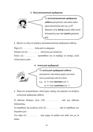 78
3. Πολλαπλασιαστικά αριθµητικά
• Θέλετε κι εσείς να φτιάξετε πολλαπλασιαστικά αριθµητικά επίθετα;
Πήρε (3) ………………………. δόση από το φάρµακο.
Ζήτησε ένα (2) ………………………. σάντουιτς µε λουκάνικο
Έκανε (2) ………………………. προσπάθεια για να πηδήξει το ποτάµι, αλλά
τελικά έπεσε µέσα.
4. Αναλογικά αριθµητικά
• Ξέρω ότι κουραστήκατε, αλλά ξέρω, επίσης, ότι µπορείτε να φτιάξετε
αναλογικά αριθµητικά επίθετα.
Η αίθουσα θεάτρου είναι (10) ………………………. από µια αίθουσα
διδασκαλίας.
Το παράθυρο της κουζίνας είναι (2) ………………………. από το παράθυρο του
δωµατίου µου.
Του πήρε (3) ………………………. ώρα µέχρι να φτάσει στο σπίτι του µε τα
πόδια.
Τα πολλαπλασιαστικά αριθµητικά
επίθετα φανερώνουν από πόσα απλά
µέρη αποτελείται κάτι π.χ. η 25η
Μαρτίου είναι διπλή γιορτή, κάθε κουτί
ξυλοµπογιές έχει από τριπλά χρώµατα
κλπ.
Τα αναλογικά αριθµητικά επίθετα
φανερώνουν από πόσες φορές ένα ποσό
είναι µεγαλύτερο από ένα άλλο
π.χ. το 4 είναι διπλάσιο του 2
το 9 είναι τριπλάσιο του 3
 