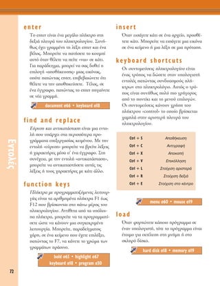 72
∂ÓÙÔÏ¤˜
enter
ΔÔ enter Â›Ó·È ¤Ó· ÌÂÁ¿ÏÔ Ï‹ÎÙÚÔ ÛÙË
‰ÂÍÈ¿ ÏÂ˘Ú¿ ÙÔ˘ ÏËÎÙÚÔÏÔÁ›Ô˘. ™˘Ó‹-
ıˆ˜ ¤¯ÂÈ ÁÚ·ÌÌ¤ÓË ÙË Ï¤ÍË enter Î·È ¤Ó·
‚¤ÏÔ˜. ªÔÚÂ›ÙÂ Ó· ·Ù‹ÛÂÙÂ ÙÔ ÎÔ˘Ì›
·˘Ùﬁ ﬁÙ·Ó ı¤ÏÂÙÂ Ó· Â›ÙÂ «Ó·È» ÛÂ Î¿ÙÈ.
°È· ·Ú¿‰ÂÈÁÌ·, ÌÔÚÂ› Ó· Û·˜ ‰ÔıÂ› Ë
ÂÈÏÔÁ‹ «·Ôı‹ÎÂ˘ÛË˜» ÌÈ·˜ ÂÈÎﬁÓ·˜,
ÔﬁÙÂ ·ÙÒÓÙ·˜ enter, ÂÈ‚Â‚·ÈÒÓÂÙÂ ﬁÙÈ
ı¤ÏÂÙÂ Ó· ÙËÓ ·ÔıËÎÂ‡ÛÂÙÂ. Δ¤ÏÔ˜, ÛÂ
¤Ó· ¤ÁÁÚ·ÊÔ, ·ÙÒÓÙ·˜ ÙÔ enter ËÁ·›ÓÂÙÂ
ÛÂ Ó¤· ÁÚ·ÌÌ‹.
find and replace
∂‡ÚÂÛË Î·È ·ÓÙÈÎ·Ù¿ÛÙ·ÛË Â›Ó·È ÌÈ· ÂÓÙÔ-
Ï‹ Ô˘ ˘¿Ú¯ÂÈ ÛÙ· ÂÚÈÛÛﬁÙÂÚ· ÚÔ-
ÁÚ¿ÌÌ·Ù· ÂÂÍÂÚÁ·Û›·˜ ÎÂÈÌ¤ÓÔ˘. ªÂ ÙËÓ
ÂÓÙÔÏ‹ «Â‡ÚÂÛË» ÌÔÚÂ›ÙÂ Ó· ‚ÚÂ›ÙÂ Ï¤ÍÂÈ˜
‹ ¯·Ú·ÎÙ‹ÚÂ˜ Ì¤Û· Û’ ¤Ó· ¤ÁÁÚ·ÊÔ. ™ÙË
Û˘Ó¤¯ÂÈ·, ÌÂ ÙËÓ ÂÓÙÔÏ‹ «·ÓÙÈÎ·Ù¿ÛÙ·ÛË»,
ÌÔÚÂ›ÙÂ Ó· ·ÓÙÈÎ·Ù·ÛÙ‹ÛÂÙÂ ·˘Ù¤˜ ÙÈ˜
Ï¤ÍÂÈ˜ ‹ ÙÔ˘˜ ¯·Ú·ÎÙ‹ÚÂ˜ ÌÂ Î¿ÙÈ ¿ÏÏÔ.
function keys
¶Ï‹ÎÙÚ· ÌÂ ÚÔÁÚ·ÌÌ·ÙÈ˙ﬁÌÂÓÂ˜ ÏÂÈÙÔ˘Ú-
Á›Â˜ Â›Ó·È Ù· ·ÚÈıÌËÌ¤Ó· Ï‹ÎÙÚ· F1 ¤ˆ˜
F12 Ô˘ ‚Ú›ÛÎÔÓÙ·È ÛÙÔ ¿Óˆ Ì¤ÚÔ˜ ÙÔ˘
ÏËÎÙÚÔÏÔÁ›Ô˘. ∞ÓÙ›ıÂÙ· ·ﬁ Ù· ˘ﬁÏÔÈ-
· Ï‹ÎÙÚ·, ÌÔÚÂ›ÙÂ Ó· Ù· ÚÔÁÚ·ÌÌ·Ù›-
ÛÂÙÂ ÒÛÙÂ Ó· Î¿ÓÔ˘Ó ÌÈ· Û˘ÁÎÂÎÚÈÌ¤ÓË
ÏÂÈÙÔ˘ÚÁ›·. ªÔÚÂ›ÙÂ, ·Ú·‰Â›ÁÌ·ÙÔ˜
¯¿ÚË, ÛÂ ¤Ó· ÎÂ›ÌÂÓÔ Ô˘ ¤¯ÂÙÂ ÂÈÏ¤ÍÂÈ,
·ÙÒÓÙ·˜ ÙÔ F7, Ó· Î¿ÓÂÙÂ ÙÔ ¯ÚÒÌ· ÙˆÓ
ÁÚ·ÌÌ¿ÙˆÓ Ú¿ÛÈÓÔ.
insert
ŸÙ·Ó ÂÈÛ¿ÁÂÙÂ Î¿ÙÈ ÛÂ ¤Ó· ·Ú¯Â›Ô, ÚÔÛı¤-
ÙÂÙÂ Î¿ÙÈ. ªÔÚÂ›ÙÂ Ó· ÂÈÛ¿ÁÂÙÂ ÌÈ· ÂÈÎﬁÓ·
ÛÂ ¤Ó· ÎÂ›ÌÂÓÔ ‹ ÌÈ· Ï¤ÍË ÛÂ ÌÈ· ÚﬁÙ·ÛË.
keyboard shortcuts
OÈ Û˘ÓÙÔÌÂ‡ÛÂÈ˜ ÏËÎÙÚÔÏÔÁ›Ô˘ Â›Ó·È
¤Ó·˜ ÙÚﬁÔ˜ Ó· ‰ÒÛÂÙÂ ÛÙÔÓ ˘ÔÏÔÁÈÛÙ‹
ÂÓÙÔÏ¤˜ ·ÙÒÓÙ·˜ Û˘Ó‰˘·ÛÌÔ‡˜ Ï‹-
ÎÙÚˆÓ ÛÙÔ ÏËÎÙÚÔÏﬁÁÈÔ. ∞˘Ùﬁ˜ Ô ÙÚﬁ-
Ô˜ Â›Ó·È Û˘Ó‹ıˆ˜ ÔÏ‡ ÈÔ ÁÚ‹ÁÔÚÔ˜
·ﬁ ÙÔ ÔÓÙ›ÎÈ Î·È ÙÔ ÌÂÓÔ‡ ÂÈÏÔÁÒÓ.
√È Û˘ÓÙÔÌÂ‡ÛÂÈ˜ Î¿ÓÔ˘Ó ¯Ú‹ÛË ÙÔ˘
Ï‹ÎÙÚÔ˘ «control» ÙÔ ÔÔ›Ô ‚Ú›ÛÎÂÙ·È
¯·ÌËÏ¿ ÛÙËÓ ·ÚÈÛÙÂÚ‹ ÏÂ˘Ú¿ ÙÔ˘
ÏËÎÙÚÔÏÔÁ›Ô˘.
load
ŸÙ·Ó ÊÔÚÙÒÓÂÙÂ Î¿ÔÈÔ ÚﬁÁÚ·ÌÌ· ÛÂ
¤Ó·Ó ˘ÔÏÔÁÈÛÙ‹, ÙﬁÙÂ ÙÔ ÚﬁÁÚ·ÌÌ· Â›Ó·È
¤ÙÔÈÌÔ ÁÈ· ÂÎÙ¤ÏÂÛË ÛÙË ÌÓ‹ÌË ‹ ÛÙÔ
ÛÎÏËÚﬁ ‰›ÛÎÔ.
hard disk Û18 ñ memory Û19
menu Û60 ñ mouse Û19
Ctrl + S
Ctrl + C
Ctrl + X
Ctrl + V
Ctrl + L
Ctrl + R
Ctrl + E
∞Ôı‹ÎÂ˘ÛË
∞ÓÙÈÁÚ·Ê‹
∞ÔÎÔ‹
∂ÈÎﬁÏÏËÛË
™ÙÔ›¯ÈÛË ·ÚÈÛÙÂÚ¿
™ÙÔ›¯ÈÛË ‰ÂÍÈ¿
™ÙÔ›¯ÈÛË ÛÙÔ Î¤ÓÙÚÔ
bold Û65 ñ highlight Û67
keyboard Û18 ñ program Û30
document Û66 ñ keyboard Û18
 