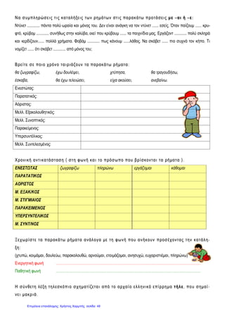 ΝΝ αα σσ υυμμππλλ ηηρρώώ σσ εειι ςς ττ ιι ςς κκαα ττ αα λλ ήήξξ εειι ςς ττωω νν ρρηημμάά ττ ωω νν σσττ ιι ςς ππαα ρραα κκάά ττωω ππρροοττ άά σσ εειι ςς μμεε ––ααιι ήή ––εε::
Ντύνετ ............ πάντα πολύ ωραία και μόνος του. Δεν είναι ανάγκη να τον ντύνετ ...... εσείς. Όταν παίζουμ ...... κρυ-
φτό, κρύβομ ............ συνήθως στην καλύβα, εκεί που κρύβουμ ...... τα παιχνίδια μας. Εργάζοντ ............ πολύ σκληρά
και κερδίζουν...... πολλά χρήματα. Φοβάμ ............ πως κάνουμ ......λάθος. Να σκάβετ ...... πιο συχνά τον κήπο. Τι
νομίζετ ...... ότι σκάβετ ............ από μόνος του;
ΒΒ ρρεείί ττ εε σσ εε πποοιι οο χχ ρρόόνν οο ττ αα ιι ρριιάά ζζ οουυνν τταα ππαα ρραα κκάά ττ ωω ρρήήμμαα ττ αα ::
θα ζωγραφίζω, έχω δουλέψει, χτύπησα, θα τραγουδήσω,
έσκαβα, θα έχω τελειώσει, είχα ακούσει, ανεβαίνω.
Ενεστώτας:
Παρατατικός:
Αόριστος:
Μελλ. Εξακολουθητικός:
Μελλ. Συνοπτικός:
Παρακείμενος:
Υπερσυντέλικος:
Μελλ. Συντελεσμένος:
ΧΧ ρροονν ιι κκήή αα νν ττ ιι κκαα ττάά σσ ττ αασσ ηη (( σσ ττ ηη φφ ωωνν ήή κκαα ιι ττ οο ππρρόόσσ ωω πποο πποουυ ββ ρρίί σσ κκοονν ττ αα ιι ττ αα ρρήήμμαα ττ αα ))..
ΕΝΕΣΤΩΤΑΣ ζωγραφίζω πληρώνω εργάζομαι κάθομαι
ΠΑΡΑΤΑΤΙΚΟΣ
ΑΟΡΙΣΤΟΣ
Μ. ΕΞΑΚ/ΚΟΣ
Μ. ΣΤΙΓΜΙΑΙΟΣ
ΠΑΡΑΚΕΙΜΕΝΟΣ
ΥΠΕΡΣΥΝΤΕΛΙΚΟΣ
Μ. ΣΥΝΤ/ΝΟΣ
ΞΞ εεχχ ωω ρρίί σσ ττ εε ττ αα ππαα ρραα κκάά ττ ωω ρρήήμμαα ττ αα αα ννάάλλ οογγ αα μμεε ττ ηη φφ ωω νν ήή ππ οουυ αα νν ήή κκοουυνν ππρροοσσ έέχχ οονν ττ αα ςς ττ ηηνν κκαα ττ άά λλ ηη--
ξξ ηη::
(χτυπώ, κοιμάμαι, δουλεύω, παρακολουθώ, αρνούμαι, ετοιμάζομαι, ανησυχώ, ευχαριστιέμαι, πληρώνω)
Ενεργητική φωνή ............................................................................................................................................
Παθητική φωνή ............................................................................................................................................
ΗΗ σσ ύύνν θθεεττ ηη λλ έέξξ ηη ττ ηηλλ εεσσ κκόόππιι οο σσ χχ ηη μμαα ττ ίί ζζεεττ αα ιι αα ππόό ττ οο αα ρρχχ αα ίί οο εελλ λλ ηηννιι κκόό εεππίί ρρρρηη μμαα ττ ήήλλεε,, πποο υυ σσ ηημμαα ίί --
νν εειι μμαα κκρριι άά ..
Επιμέλεια επανάληψης: Χρήστος Χαρμπής σελίδαΕπιμέλεια επανάληψης: Χρήστος Χαρμπής σελίδα 48
 