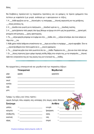 Βόλος _____________________________________________________________________________
ΝΝ αα δδιι αα ββάά σσ εειι ςς ππρροοσσ εεκκττ ιι κκάά ττ ιι ςς ππαα ρραα κκ άά ττ ωω ππρροοττ άά σσ εειι ςς κκαα ιι νν αα γγ ρράά ψψ εειι ςς ττ αα ππρρώώ ττ αα γγ ρράά μμμμαα ττ αα πποουυ
λλ εείί πποουυνν μμεε κκεεφφ αα λλ αα ίί αα ήή μμεε μμιι κκρράά ,, αα ννάάλλ οογγ αα μμεε ττ ιι φφ αα νν εερρώώνν οουυνν οοιι λλ έέξξ εειι ςς..
1. Η ___λλάδα φημίζεται για την ___λληνική φέτα, τις πανέμορφες ___λληνικές ακρογιαλιές και τους φιλόξενους
___λληνες κατοίκους της.
2. Η ___λλανδία είναι γνωστή για τα πασίγνωστα ___λλανδικά τυριά και τις ___λλανδικές τουλίπες.
3. Η ___ερσία βρίσκεται πολύ μακριά, όλοι όμως θέλουμε να έχουμε στο σπίτι μας ένα χειροποίητο ___ερσικό χαλί,
φτιαγμένο από έμπειρους ___έρσες υφαντουργούς.
4. Τα ___ινέζικα φαγητά μπορούμε να τα φάμε και στην ___λλάδα, στα ___ινέζικα εστιατόρια. Δεν είναι ανάγκη να
πάμε στην ___ίνα.
5. Κάθε χρόνο πολλοί άνθρωποι επισκέπτονται την ___άτρα για να δουν το περίφημο ___ατρινό καρναβάλι. Έτσι τα
___ατρινά ξενοδοχεία είναι πάντα γεμάτα και οι ___ατρινοί χαρούμενοι.
6. Τα ___ηλιορείτικα μήλα είναι πολύ γνωστά σε όλη την ___λλάδα. Παράγονται στο ___ήλιο και είναι πολύ νόστιμα.
7. Οι ___λληνες στρατιώτες έχουν γράψει λαμπρές σελίδες δόξας στην ιστορία τους, με την απαράμιλλη ___λληνική
λεβεντιά κι αντρειοσύνη τους και τους αγώνες τους για τη λευτεριά της ___λλάδας.
ΝΝ αα σσχχ ηημμαα ττ ίί σσ εειι ςς υυπποοκκοορριι σσ ττ ιι κκάά κκαα ιι μμεεγγ εεθθυυνν ττ ιι κκάά ττ ωω νν ππαα ρραα κκάά ττ ωω λλ έέξξ εεωω νν ::
Υποκοριστικά Μεγεθυντικά
ψάρι ψαράκι ψαρούκλα
κεφάλι __________________________________________________________________
σκυλί __________________________________________________________________
κοπέλα __________________________________________________________________
πόδι __________________________________________________________________
μύτη __________________________________________________________________
ΓΓρράά φφ ωω ττ ιι ςς λλ έέξξ εειι ςς εεκκεείί όόπποουυ ππρρέέππ εειι ::
ηρεμία, δυστυχία, πλέω, κούραση, νέος, κατσούφης, ήττα, άνεμος, ανάσα, θάλασσα
Συνώνυμα Αντίθετα
γαλήνη  __________________________ ευτυχία  __________________________
κολυμπώ  __________________________ ξεκούραση  __________________________
σκυθρωπός  __________________________ γέρος  __________________________
αναπνοή  __________________________ νίκη  __________________________
αέρας  __________________________ στεριά  __________________________
Επιμέλεια επανάληψης: Χρήστος Χαρμπής σελίδαΕπιμέλεια επανάληψης: Χρήστος Χαρμπής σελίδα 55
 