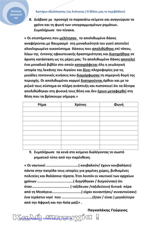 Κριτήριο αξιολόγησης 1ης Ενότητας ( Ο Φίλος μας το περιβάλλον)[Επιλογή
ημερομηνί
ας]
8. Διάβασε με προσοχή το παρακάτω κείμενο και αναγνώρισε το
χρόνο και τη φωνή των υπογραμμισμένων ρημάτων.
Συμπλήρωσε τον πίνακα.
« Οι επιστήμονες που μελέτησαν το απολιθωμένο δάσος
αναφέρονται με θαυμασμό στη μοναδικότητά του γιατί αποτελεί
ολοκληρωμένο οικοσύστημα δάσους που απολιθώθηκε επί τόπου,
λόγω της έντονης ηφαιστειακής δραστηριότητας και διατηρήθηκε σε
άριστη κατάσταση ως τις μέρες μας. Το απολιθωμένο δάσος αποτελεί
ένα μοναδικό βιβλίο στο οποίο καταγράφεται όλη η γεωλογική
ιστορία της λεκάνης του Αιγαίου και δίνει πληροφορίες για τις
μεγάλες τεκτονικές κινήσεις που διαμόρφωσαν τη σημερινή δομή της
περιοχής. Οι απολιθωμένοι κορμοί διατηρούνται όρθιοι και με το
ριζικό τους σύστημα σε πλήρη ανάπτυξη και πιστοποιεί ότι τα δέντρα
απολιθώθηκαν στη φυσική τους θέση και δεν έχουν μεταφερθεί στη
θέση που τα βρίσκουμε σήμερα.»
Ρήμα Χρόνος Φωνή
9. Συμπλήρωσε τα κενά στο κείμενο διαλέγοντας το σωστό
ρηματικό τύπο από την παρένθεση.
« Οι ναυτικοί ………………………………( κουβαλούν/ έχουν κουβαλήσει)
πάντα στην πατρίδα τους ιστορίες για χαμένες χώρες, βυθισμένες
πολιτείες και θαλάσσια τέρατα. Έτσι λοιπόν οι ναυτικοί των αρχαίων
χρόνων ………………………………….( διηγήθηκαν / διηγούνταν) ότι
όταν…………………………………… ( ταξίδευαν /ταξιδεύουν) δυτικά πέρα
από τη Μεσόγειο……………………………( είχαν συναντήσει/ συναντούσαν)
ένα τεράστιο νησί που …………………………….(ήταν / είναι ) μεγαλύτερο
από την Αφρική και την Ασία μαζί» .
Παγκαλάκης Γεώργιος
Επιμέλεια επανάληψης: Χρήστος Χαρμπής σελίδαΕπιμέλεια επανάληψης: Χρήστος Χαρμπής σελίδα 78
 