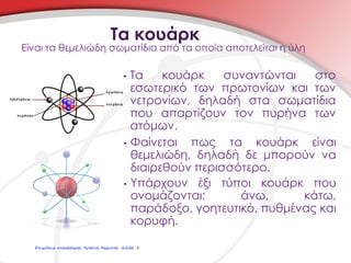 • Τα κουάρκ συναντώνται στο
εσωτερικό των πρωτονίων και των
νετρονίων, δηλαδή στα σωματίδια
που απαρτίζουν τον πυρήνα των
ατόμων.
• Φαίνεται πως τα κουάρκ είναι
θεμελιώδη, δηλαδή δε μπορούν να
διαιρεθούν περισσότερο.
• Υπάρχουν έξι τύποι κουάρκ που
ονομάζονται: άνω, κάτω,
παράδοξο, γοητευτικό, πυθμένας και
κορυφή.
Τα κουάρκ
Είναι τα θεμελιώδη σωματίδια από τα οποία αποτελείται η ύλη
Επιμέλεια επανάληψης: Χρήστος Χαρμπής σελίδα 8
 