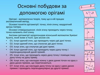 Основні побудови за
допомогою орігамі
Орігамі - математична теорія, тому що в ній працює
аксіоматичний метод.
Основні поняття орігаметрії: точка; лінія згину; квадратний
аркуш папера.
Основні співвідношення: лінія згину проходить через точку;
точка належить лінії згину.
Аксіоми орігаметрії запропонував японський математик Хуміані
Хузита, який живе в Італії. Цих аксіом сім.
• О1. Існує єдиний згин, що проходить через дві дані точки.
• О2. Існує єдиний згин, що сполучає дві дані точки.
• О3. Існує згин, що сполучає дві дані прямі.
• О4. Існує єдиний згин, що проходить через дану точку і
перпендикулярний даній прямій.
• О5. Існує згин, що проходить через дану точку і поміщає іншу
дану точку на дану пряму.
• О6. Існує згин, що накладає кожну з двох даних точок на одну з
двох даних прямих, що перетинаються.
• О7. Існує згин, що накладає дану точку на одну з двох даних
прямих і проходить перпендикулярно до другої прямої.
 