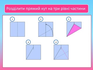 Розділити прямий кут на три рівні частини
31 2
4 4
 