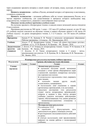 через содержание предмета интереса к своей стране: её истории, языку, культуре, её жизни и её
народу.
Ценность патриотизма – любовь к России, активный интерес к её прошлому и настоящему,
готовность служить ей.
Ценность человечества – осознание ребёнком себя не только гражданином России, но и
частью мирового сообщества, для существования и прогресса которого необходимы мир,
сотрудничество, толерантность, уважение к многообразию иных культур.
Описание места учебного предмета в учебном плане
На изучение предмета «Литературное чтение» в каждом классе начальной школы отводится
4 часа в неделю.
Программа рассчитана на 540 часов: 1 класс - 132 часа (33 учебные недели), из них 92 часа
(23 учебные недели) отводится на обучение чтению в период обучения грамоте и 40 часов (10
учебных недель) - на уроки литературного чтения; 2, 3 и 4 классы - по 136 часов (34 учебные
недели).
Программа Бунеев Р. Н., Бунеева Е. В. Чтение и начальное литературное образование
Рабочие программы. 1-4 классы.– М.: Просвещение, 2012.
Учебник Бунеев, Р. Н. Литературное чтение. 3 класс «В одном счастливом детстве»,
учебник : в 2 ч. / Р. Н. Бунеев, Е. В. Бунеева. – М. : Баласс : 2014.
Дидактические
средства для
учащихся
1. Бунеев, Р. Н. Тетрадь по литературному чтению. 3 класс / Р. Н. Бунеев, Е. В.
Бунеева. – М. : Баласс, 2016.
2. Бунеева, Е. В. Уроки литературного чтения в 3 классе : метод.
рекомендации для учителя / Е. В. Бунеева, М. А. Яковлева, О. В. Чиндилова. –
М. : Баласс, 2014.
Планируемые результаты изучения учебного предмета
Результаты Уровень обучения (по годам обучения)
1 класс 2 класс 3 класс 4 класс
Ученик
научится
Личностные результаты:
● оценивать поступки людей, жизненные
ситуации с точки зрения общепринятых норм
и ценностей; оценивать конкретные поступки
как хорошие или плохие;
● эмоционально «проживать» текст, выражать
свои эмоции;
● понимать эмоции других людей,
сочувствовать, сопереживать;
● высказывать своё отношение к героям
прочитанных произведений, к их поступкам.
Средством достижения этих результатов
служат тексты литературных произведений,
вопросы и задания к ним, тексты авторов
учебника (диалоги постоянно действующих
героев), обеспечивающие 4-ю линию развития
– эмоционально-оценочное отношение к
прочитанному.
Метапредметные результаты:
Регулятивные УУД:
● определять и формулировать цель
деятельности на уроке с помощью учителя;
● проговаривать последовательность действий
на уроке;
● учиться высказывать своё предположение
(версию) на основе работы с иллюстрацией
учебника;
 