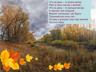 Что ни день – то резче ветер
Рвет в лесу листву с ветвей…
Что ни день – то раньше вечер,
А светает все поздней.
Медлит солнышко, как будто
Подниматься силы нет…
Потому и всходит утро над землей
Почти в обед.
 