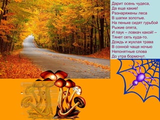Дарит осень чудеса,
Да еще какие!
Разнаряжены леса
В шапки золотые.
На пеньке сидят гурьбой
Рыжие опята,
И паук – ловкач какой! –
Тянет сеть куда-то.
Дождь и жухлая трава
В сонной чаще ночью
Непонятные слова
До утра бормочут.
 
