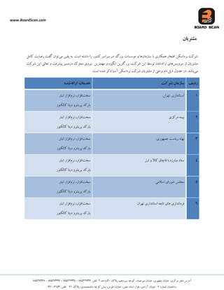 www.BoardScan.com
،‫هیشػوبد‬ ‫خیبثبى‬ ،‫هغْشی‬ ‫خیبثبى‬ 5‫هشوضی‬ ‫دفتش‬ ‫آدسع‬،‫ػیضدّن‬ ِ‫وَچ‬‫پالن‬04،‫ٍاحذ‬25‫تلفي‬33622888–33622886–33622008-33622003
ُ‫ؿوبس‬ ‫ػبختوبى‬2،‫آصادی‬ ‫خیبثبى‬ 5،‫هؼیي‬ ‫اػتبد‬ ‫ثلَاس‬،‫عَع‬ ‫خیبثبى‬ُ‫ؿب‬ ِ‫وَچ‬ ‫ًجؾ‬،‫هحوذی‬‫پالن‬225‫تلفي‬88448268
‫مشتزیان‬
‫ػبصهبى‬ ‫ثب‬ ‫ّوىبسی‬ ‫افتخبس‬ ‫ثشداػىي‬ ‫ؿشوت‬‫هی‬ ‫یمیي‬ ِ‫ث‬ .‫اػت‬ ِ‫داؿت‬ ‫سا‬ ‫وـَس‬ ‫ػشاػش‬ ‫دس‬ ‫ثضسي‬ ‫هَػؼبت‬ ٍ ‫ّب‬‫وبهل‬ ‫سضبیت‬ ‫گفت‬ ‫تَاى‬
‫ػشٍیغ‬ ‫اص‬ ‫هـتشیبى‬ِ‫اسائ‬ ‫ّبی‬،‫ؿشوت‬ ‫ایي‬ ‫تَػظ‬ ُ‫ؿذ‬ُ‫اًگیض‬ ‫ثضسگتشیي‬‫هْوتشیي‬ ٍ‫ؿشوت‬ ‫ایي‬ ‫تؼبلی‬ ٍ ‫پیـشفت‬ ‫دسهؼیش‬ ‫هحشن‬ ‫ًیشٍی‬
‫هی‬.‫ثبؿذ‬‫دس‬‫ًبم‬ ‫ریل‬ ‫جذٍل‬.‫اػت‬ ُ‫ؿذ‬ ‫روش‬ ‫آػیب‬ ‫ثشداػىي‬ ‫ؿشوت‬ ‫هـتشیبى‬ ‫اص‬ ‫ثشخی‬
‫ردیف‬‫ساسمان/شزکت‬ٍ‫ارائ‬ ‫خذمات‬ٌ‫شذ‬
1‫تهران‬ ‫استانداری‬‫ػخت‬‫ًشم‬ ،‫افضاس‬‫افضاس‬‫اًجبس‬
‫وبلىتَس‬ ‫دیتب‬ ٍ‫پشیٌتش‬ ‫ثبسوذ‬
2‫هشوضی‬ ِ‫ثیو‬‫ػخت‬‫ًشم‬ ،‫افضاس‬‫افضاس‬‫اًجبس‬
‫وبلىتَس‬ ‫دیتب‬ ٍ‫پشیٌتش‬ ‫ثبسوذ‬
3‫جوَْسی‬ ‫سیبػت‬ ‫ًْبد‬‫ػخت‬‫ًشم‬ ،‫افضاس‬‫افضاس‬‫اًجبس‬
‫وبلىتَس‬ ‫دیتب‬ ٍ‫پشیٌتش‬ ‫ثبسوذ‬
4‫اسص‬ ٍ ‫وبال‬ ‫لبچبق‬ ‫ثب‬ ُ‫هجبسص‬ ‫ػتبد‬‫ػخت‬‫ًشم‬ ،‫افضاس‬‫افضاس‬‫اًجبس‬
‫وبلىتَس‬ ‫دیتب‬ ٍ‫پشیٌتش‬ ‫ثبسوذ‬
5‫اػالهی‬ ‫ؿَسای‬ ‫هجلغ‬‫ػخت‬‫ًشم‬ ،‫افضاس‬‫افضاس‬‫اًجبس‬
‫وبلىتَس‬ ‫دیتب‬ ٍ‫پشیٌتش‬ ‫ثبسوذ‬
6‫اػتبًذاسی‬ ِ‫تبثؼ‬ ‫ّبی‬ ‫فشهبًذاسی‬‫تْشاى‬‫ػخت‬‫ًشم‬ ،‫افضاس‬‫افضاس‬‫اًجبس‬
‫وبلىتَس‬ ‫دیتب‬ ٍ‫پشیٌتش‬ ‫ثبسوذ‬
 