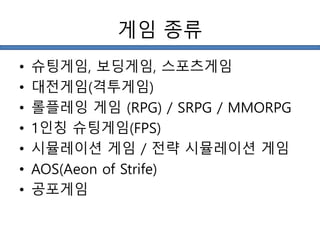 게임 종류
• 슈팅게임, 보딩게임, 스포츠게임
• 대전게임(격투게임)
• 롤플레잉 게임 (RPG) / SRPG / MMORPG
• 1인칭 슈팅게임(FPS)
• 시뮬레이션 게임 / 전략 시뮬레이션 게임
• AOS(Aeon of Strife)
• 공포게임
 