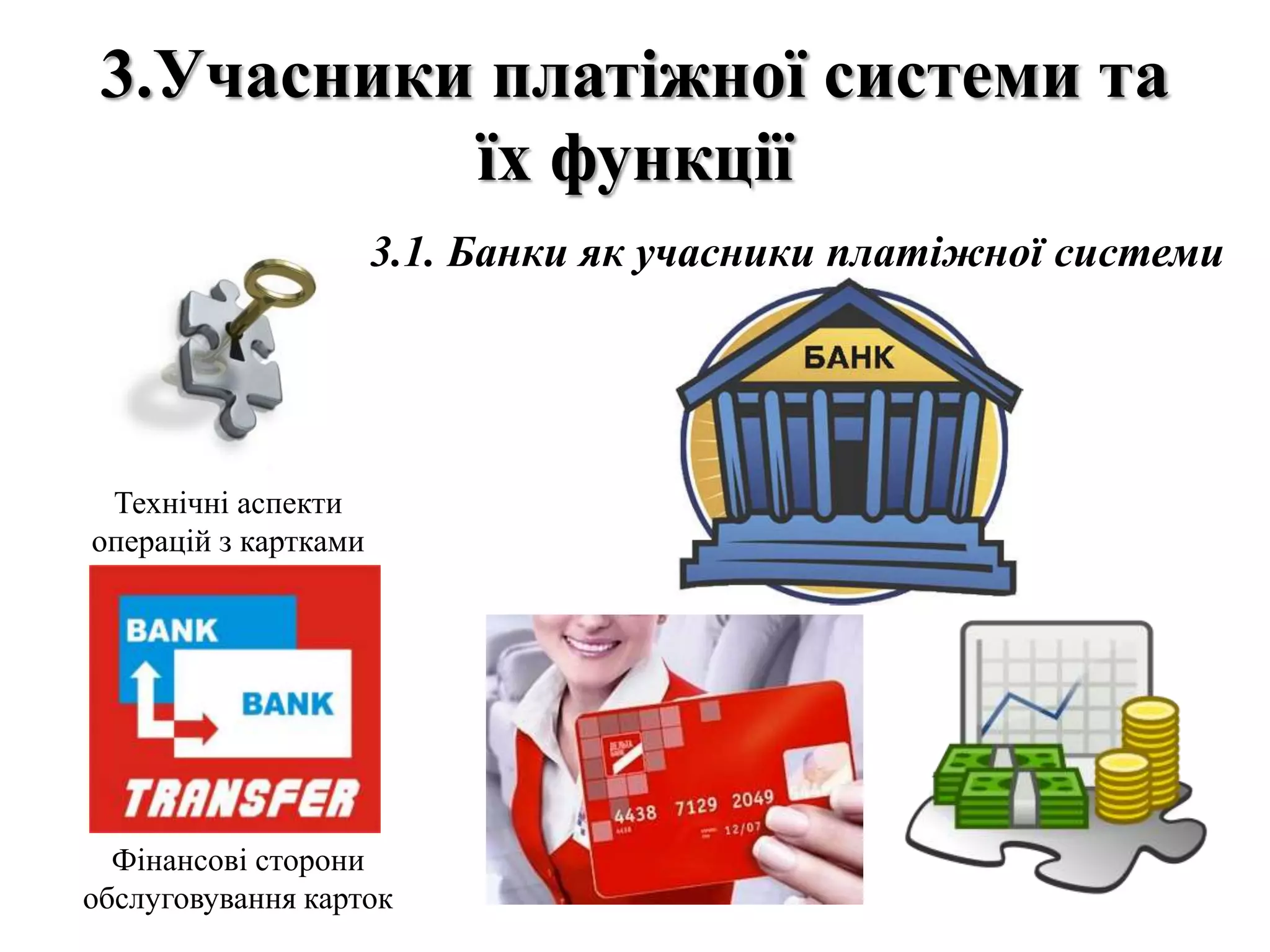 3.Учасники платіжної системи та
їх функції
Технічні аспекти
операцій з картками
Фінансові сторони
обслуговування карток
3.1. Банки як учасники платіжної системи
 