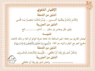 أحكام ( النون الساكنة و التنوين , الميم الساكنة , اللامات السواكن , المدود ) مع الدليل من التحفة و الجزرية  