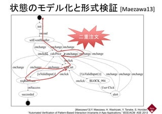 状態のモデル化と形式検証 [Maezawa13][Maezawa13]
二重注文二重注文
Nov.
14,
[Maezawa13] Y. Maezawa, H. Washizaki, Y. Tanabe, S. Honiden,
“Automated Verification of Pattern-Based Interaction Invariants in Ajax Applications,” IEEE/ACM ASE 2013
 