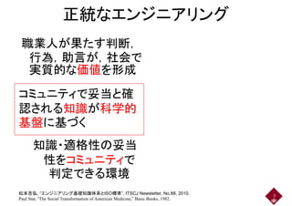 正統なエンジニアリング
職業人が果たす判断，職業人が果たす判断，
行為，助言が，社会で
実質的な価値を形成実質的な価値を形成
コミュニティで妥当と確コミュニティで妥当と確
認される知識が科学的
基盤に基づく
知識・適格性の妥当
性をコミュニティで性をコミュニティで
判定できる環境
7
松本吉弘, “エンジニアリング基礎知識体系とISO標準”, ITSCJ Newsletter, No.88, 2010.
Paul Star, “The Social Transformation of American Medicine,” Basic Books, 1982.
 