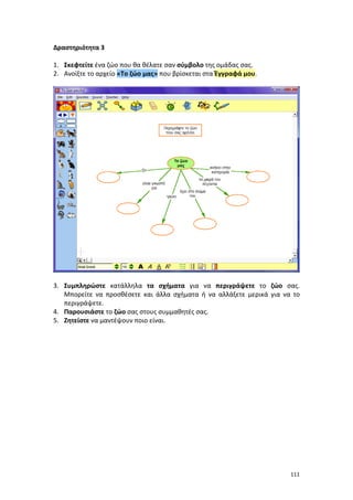 111
Δραστηριότητα 3
1. Σκεφτείτε ένα ζώο που θα θέλατε σαν σύμβολο της ομάδας σας.
2. Ανοίξτε το αρχείο «Το ζώο μας» που βρίσκεται στα Έγγραφά μου.
3. Συμπληρώστε κατάλληλα τα σχήματα για να περιγράψετε το ζώο σας.
Μπορείτε να προσθέσετε και άλλα σχήματα ή να αλλάξετε μερικά για να το
περιγράψετε.
4. Παρουσιάστε το ζώο σας στους συμμαθητές σας.
5. Ζητείστε να μαντέψουν ποιο είναι.
 