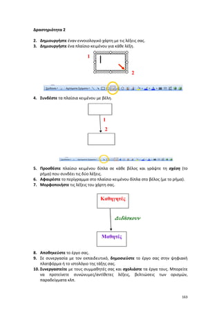 163
Δραστηριότητα 2
2. Δημιουργήστε έναν εννοιολογικό χάρτη με τις λέξεις σας.
3. Δημιουργήστε ένα πλαίσιο κειμένου για κάθε λέξη.
4. Συνδέστε τα πλαίσια κειμένου με βέλη.
5. Προσθέστε πλαίσιο κειμένου δίπλα σε κάθε βέλος και γράψτε τη σχέση (το
ρήμα) που συνδέει τις δύο λέξεις.
6. Αφαιρέστε το περίγραμμα στο πλαίσιο κειμένου δίπλα στο βέλος (με το ρήμα).
7. Μορφοποιήστε τις λέξεις του χάρτη σας.
8. Αποθηκεύστε το έργο σας.
9. Σε συνεργασία με τον εκπαιδευτικό, δημοσιεύστε το έργο σας στην ψηφιακή
πλατφόρμα ή το ιστολόγιο της τάξης σας.
10. Συνεργαστείτε με τους συμμαθητές σας και σχολιάστε τα έργα τους. Μπορείτε
να προτείνετε συνώνυμες/αντίθετες λέξεις, βελτιώσεις των ορισμών,
παραδείγματα κλπ.
Καθηγητές
Μαθητές
Διδάσκουν
1
2
1
2
 