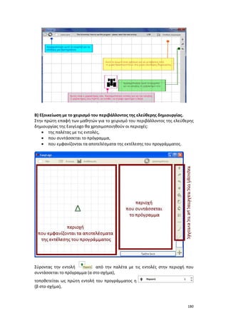 180
Β) Εξοικείωση με το χειρισμό του περιβάλλοντος της ελεύθερης δημιουργίας.
Στην πρώτη επαφή των μαθητών για το χειρισμό του περιβάλλοντος της ελεύθερης
δημιουργίας της EasyLogo θα χρησιμοποιηθούν οι περιοχές:
 της παλέτας με τις εντολές,
 που συντάσσεται το πρόγραμμα,
 που εμφανίζονται τα αποτελέσματα της εκτέλεσης του προγράμματος.
Σύροντας την εντολή από την παλέτα με τις εντολές στην περιοχή που
συντάσσεται το πρόγραμμα (α στο σχήμα),
τοποθετείται ως πρώτη εντολή του προγράμματος η
(β στο σχήμα),
 