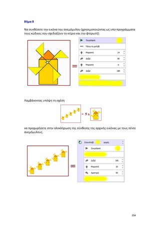 204
Βήμα 8
Να συνθέσετε την εικόνα του ανεμόμυλου (χρησιμοποιώντας ως υπο-προγράμματα
τους κώδικες που σχεδιάζουν το κτίριο και την φτερωτή).
Λαμβάνοντας υπόψη τη σχέση
να προχωρήσετε στην ολοκλήρωση της σύνθεσης της αρχικής εικόνας με τους πέντε
ανεμόμυλους.
 