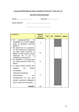 222
Διερεύνηση/Ολοκλήρωση απλού παιχνιδιού στο Scratch – Drive_the_car
ΦΥΛΛΟ ΑΥΤΟΑΞΙΟΛΟΓΗΣΗΣ
Τμήμα: ……………………………………. Ημερ/νία: …………………………
Όνομα μαθητών: ………………………………………………………...
…………………………………………………………
Καταφέρατε … Μέγιστη
Δυνατή
Βαθμολογία
ΝΑΙ ΟΧΙ ΜΕΡΙΚΩΣ Βαθμός
1. Να χρησιμοποιήσετε το
περιβάλλον του Scratch τελικά,
χωρίς να χρειάζεστε ιδιαίτερη
βοήθεια;
2
2. Να απαντήσετε στις ερωτήσεις
του ΦΕ (υπολογίστε 2 βαθμούς
για κάθε σωστή απάντηση, 1
βαθμό για κάθε μερικώς σωστή
απάντηση και 0 για τις
λανθασμένες απαντήσεις)
12
3. Να οδηγήσετε το αυτοκινητάκι
στο τέρμα μένοντας πάντα στο
δρόμο;
4
4. Το πρώτο σύνολο εντολών που
γράψατε στο Φύλλο
καταγραφής
σχεδιασμού/ενεργειών
τροποποίησης του
προγράμματος να μην έχει
μεγάλες αποκλίσεις (διαφορές)
από το τελικό, στο ίδιο φύλλο;
2
ΣΥΝΟΛΟ: 20
 