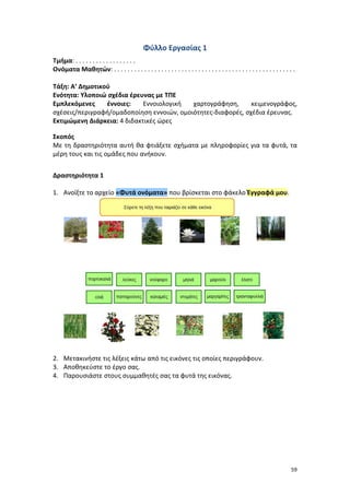 59
Φύλλο Εργασίας 1
Τμήμα: . . . . . . . . . . . . . . . . . .
Ονόματα Μαθητών: . . . . . . . . . . . . . . . . . . . . . . . . . . . . . . . . . . . . . . . . . . . . . . . . . . . . . .
Τάξη: Α’ Δημοτικού
Ενότητα: Υλοποιώ σχέδια έρευνας με ΤΠΕ
Εμπλεκόμενες έννοιες: Εννοιολογική χαρτογράφηση, κειμενογράφος,
σχέσεις/περιγραφή/ομαδοποίηση εννοιών, ομοιότητες-διαφορές, σχέδια έρευνας.
Εκτιμώμενη Διάρκεια: 4 διδακτικές ώρες
Σκοπός
Με τη δραστηριότητα αυτή θα φτιάξετε σχήματα με πληροφορίες για τα φυτά, τα
μέρη τους και τις ομάδες που ανήκουν.
Δραστηριότητα 1
1. Ανοίξτε το αρχείο «Φυτά ονόματα» που βρίσκεται στο φάκελο Έγγραφά μου.
2. Μετακινήστε τις λέξεις κάτω από τις εικόνες τις οποίες περιγράφουν.
3. Αποθηκεύστε το έργο σας.
4. Παρουσιάστε στους συμμαθητές σας τα φυτά της εικόνας.
 