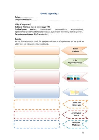 63
Φύλλο Εργασίας 2
Τμήμα: . . . . . . . . . . . . . . . . . .
Ονόματα Μαθητών: . . . . . . . . . . . . . . . . . . . . . . . . . . . . . . . . . . . . . . . . . . . . . . . . . . . . . .
Τάξη: Α’ Δημοτικού
Ενότητα: Υλοποιώ σχέδια έρευνας με ΤΠΕ
Εμπλεκόμενες έννοιες: Εννοιολογική χαρτογράφηση, κειμενογράφος,
σχέσεις/περιγραφή/ομαδοποίηση εννοιών, ομοιότητες-διαφορές, σχέδια έρευνας.
Εκτιμώμενη Διάρκεια: 4 διδακτικές ώρες
Σκοπός
Με τη δραστηριότητα αυτή θα γραψετε κείμενο με πληροφορίες για τα φυτά, τα
μέρη τους και τις ομάδες που χωρίζονται.
Φυτά του
τόπου μας
Αγαπημένο
Φυτό
Ονόματα
Μαθητών
Τίτλος
κειμένου
Τι θα
παρουσιάσουμε
 
