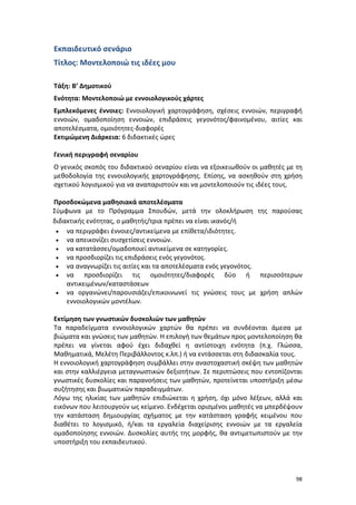 98
Εκπαιδευτικό σενάριο
Τίτλος: Μοντελοποιώ τις ιδέες μου
Τάξη: Β’ Δημοτικού
Ενότητα: Μοντελοποιώ με εννοιολογικούς χάρτες
Εμπλεκόμενες έννοιες: Εννοιολογική χαρτογράφηση, σχέσεις εννοιών, περιγραφή
εννοιών, ομαδοποίηση εννοιών, επιδράσεις γεγονότος/φαινομένου, αιτίες και
αποτελέσματα, ομοιότητες-διαφορές
Εκτιμώμενη Διάρκεια: 6 διδακτικές ώρες
Γενική περιγραφή σεναρίου
Ο γενικός σκοπός του διδακτικού σεναρίου είναι να εξοικειωθούν οι μαθητές με τη
μεθοδολογία της εννοιολογικής χαρτογράφησης. Επίσης, να ασκηθούν στη χρήση
σχετικού λογισμικού για να αναπαριστούν και να μοντελοποιούν τις ιδέες τους.
Προσδοκώμενα μαθησιακά αποτελέσματα
Σύμφωνα με το Πρόγραμμα Σπουδών, μετά την ολοκλήρωση της παρούσας
διδακτικής ενότητας, ο μαθητής/τρια πρέπει να είναι ικανός/ή
 να περιγράφει έννοιες/αντικείμενα με επίθετα/ιδιότητες.
 να απεικονίζει συσχετίσεις εννοιών.
 να κατατάσσει/ομαδοποιεί αντικείμενα σε κατηγορίες.
 να προσδιορίζει τις επιδράσεις ενός γεγονότος.
 να αναγνωρίζει τις αιτίες και τα αποτελέσματα ενός γεγονότος.
 να προσδιορίζει τις ομοιότητες/διαφορές δύο ή περισσότερων
αντικειμένων/καταστάσεων
 να οργανώνει/παρουσιάζει/επικοινωνεί τις γνώσεις τους με χρήση απλών
εννοιολογικών μοντέλων.
Εκτίμηση των γνωστικών δυσκολιών των μαθητών
Τα παραδείγματα εννοιολογικών χαρτών θα πρέπει να συνδέονται άμεσα με
βιώματα και γνώσεις των μαθητών. Η επιλογή των θεμάτων προς μοντελοποίηση θα
πρέπει να γίνεται αφού έχει διδαχθεί η αντίστοιχη ενότητα (π.χ. Γλώσσα,
Μαθηματικά, Μελέτη Περιβάλλοντος κ.λπ.) ή να εντάσσεται στη διδασκαλία τους.
Η εννοιολογική χαρτογράφηση συμβάλλει στην αναστοχαστική σκέψη των μαθητών
και στην καλλιέργεια μεταγνωστικών δεξιοτήτων. Σε περιπτώσεις που εντοπίζονται
γνωστικές δυσκολίες και παρανοήσεις των μαθητών, προτείνεται υποστήριξη μέσω
συζήτησης και βιωματικών παραδειγμάτων.
Λόγω της ηλικίας των μαθητών επιδιώκεται η χρήση, όχι μόνο λέξεων, αλλά και
εικόνων που λειτουργούν ως κείμενο. Ενδέχεται ορισμένοι μαθητές να μπερδέψουν
την κατάσταση δημιουργίας σχήματος με την κατάσταση γραφής κειμένου που
διαθέτει το λογισμικό, ή/και τα εργαλεία διαχείρισης εννοιών με τα εργαλεία
ομαδοποίησης εννοιών. Δυσκολίες αυτής της μορφής, θα αντιμετωπιστούν με την
υποστήριξη του εκπαιδευτικού.
 