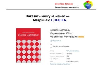 14
Заказать книгу «Бизнес —
Матрица»: ССЫЛКА
Cоколова Татьяна
Бизнес-Эксперт www.stcg.ru
 