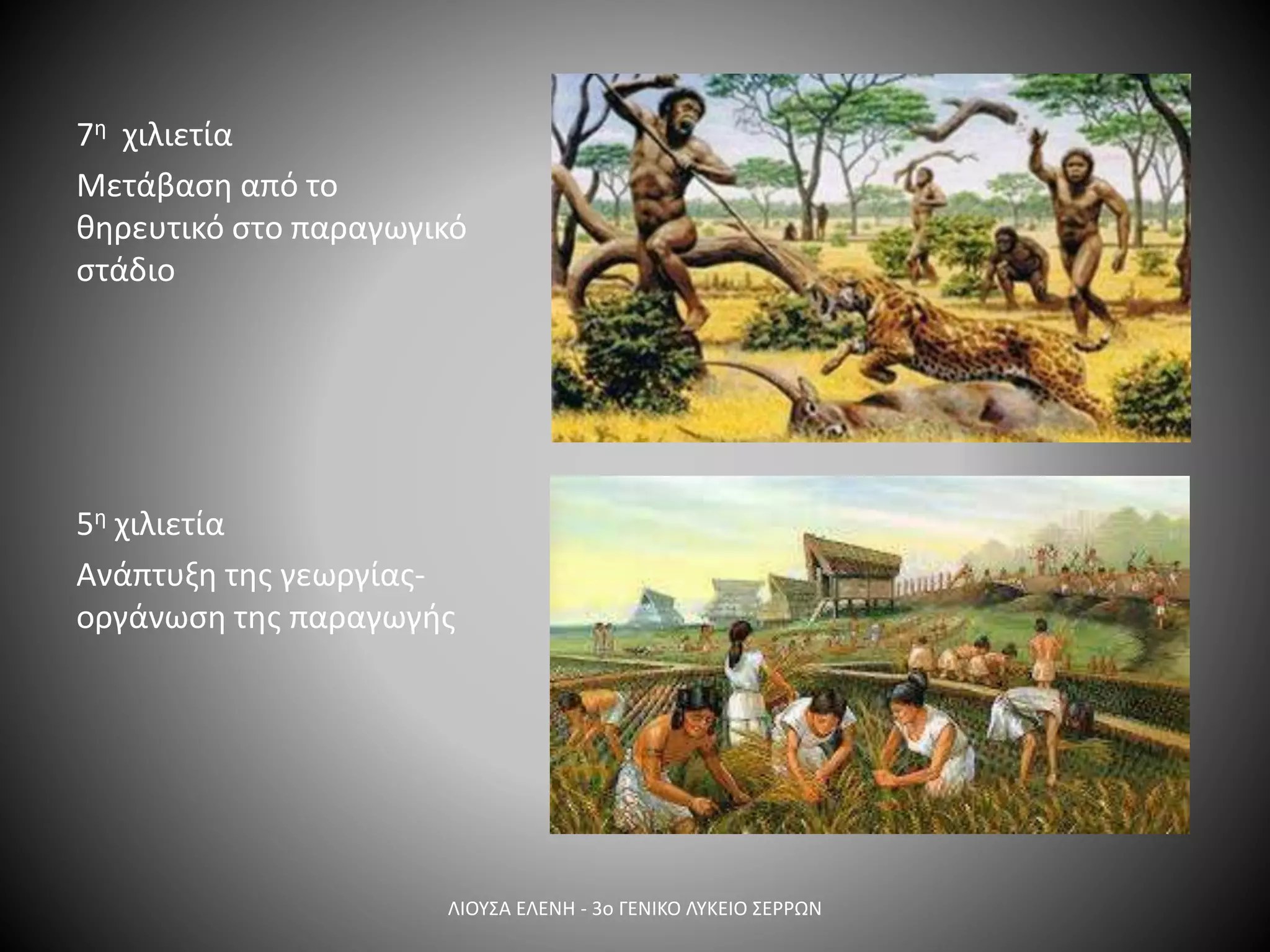 7η χιλιετία
Μετάβαση από το
θηρευτικό στο παραγωγικό
στάδιο
5η χιλιετία
Ανάπτυξη της γεωργίας-
οργάνωση της παραγωγής
ΛΙΟΥΣΑ ΕΛΕΝΗ - 3ο ΓΕΝΙΚΟ ΛΥΚΕΙΟ ΣΕΡΡΩΝ
 