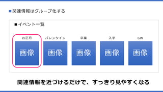 ■関連情報はグループ化する
■イベント一覧
お正月 バレンタイン 卒業 入学 GW
関連情報を近づけるだけで、すっきり見やすくなる
画像 画像 画像 画像 画像
 