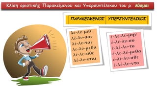 Κλίση οριστικής Παρακείμενου και Υπερσυντέλικου του ρ. λύομαι
 