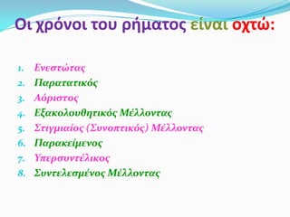 Οι χρόνοι του ρήματος είναι οχτώ:
1. Ενεστώτας
2. Παρατατικός
3. Αόριστος
4. Εξακολουθητικός Μέλλοντας
5. Στιγμιαίος (Συνοπτικός) Μέλλοντας
6. Παρακείμενος
7. Υπερσυντέλικος
8. Συντελεσμένος Μέλλοντας
 