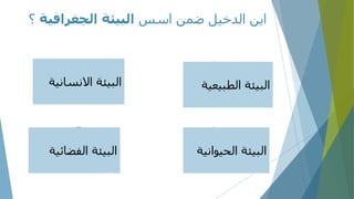 ‫اسس‬ ‫ضمن‬ ‫الدخيل‬ ‫اين‬‫الجغرافي‬ ‫البيئة‬‫ة‬‫؟‬
‫االنساني‬ ‫البيئة‬‫ة‬ ‫الطبيع‬ ‫البيئة‬‫ية‬
‫الحيوان‬ ‫البيئة‬‫ية‬‫الفضائ‬ ‫البيئة‬‫ية‬
 