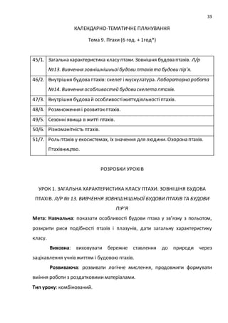 33
КАЛЕНДАРНО-ТЕМАТИЧНЕ ПЛАНУВАННЯ
Тема 9. Птахи (6 год. + 1год*)
45/1. Загальна характеристика класу птахи. Зовнішня будова птахів. Л/р
№13. Вивчення зовнішнішньоїбудови птахів та будови пір’я.
46/2. Внутрішня будова птахів: скелет і мускулатура. Лабораторна робота
№14. Вивчення особливостей будовискелета птахів.
47/3. Внутрішня будова й особливостіжиттєдіяльності птахів.
48/4. Розмноження і розвиток птахів.
49/5. Сезонні явища в житті птахів.
50/6. Різноманітність птахів.
51/7. Роль птахів у екосистемах, їх значення для людини. Охорона птахів.
Птахівництво.
РОЗРОБКИ УРОКІВ
УРОК 1. ЗАГАЛЬНА ХАРАКТЕРИСТИКА КЛАСУ ПТАХИ. ЗОВНІШНЯ БУДОВА
ПТАХІВ. Л/Р № 13. ВИВЧЕННЯ ЗОВНІШНІШНЬОЇ БУДОВИ ПТАХІВ ТА БУДОВИ
ПІР’Я
Мета: Навчальна: показати особливості будови птаха у зв’язку з польотом,
розкрити риси подібності птахів і плазунів, дати загальну характеристику
класу.
Виховна: виховувати бережне ставлення до природи через
зацікавлення учнів життям і будовою птахів.
Розвиваюча: розвивати логічне мислення, продовжити формувати
вміння роботи з роздатковимиматеріалами.
Тип уроку: комбінований.
 