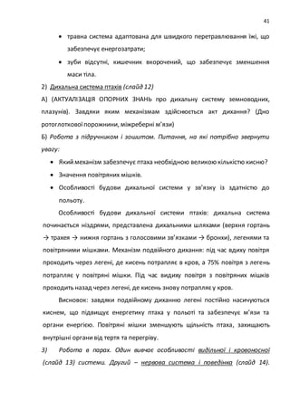 41
 травна система адаптована для швидкого перетравлювання їжі, що
забезпечує енергозатрати;
 зуби відсутні, кишечник вкорочений, що забезпечує зменшення
маси тіла.
2) Дихальна система птахів (слайд 12)
А) (АКТУАЛІЗАЦІЯ ОПОРНИХ ЗНАНЬ про дихальну систему земноводних,
плазунів). Завдяки яким механізмам здійснюється акт дихання? (Дно
ротоглотковоїпорожнини, міжреберні м’язи)
Б) Робота з підручником і зошитом. Питання, на які потрібно звернути
увагу:
 Якиймеханізм забезпечує птаха необхідною великою кількістю кисню?
 Значення повітряних мішків.
 Особливості будови дихальної системи у зв’язку із здатністю до
польоту.
Особливості будови дихальної системи птахів: дихальна система
починається ніздрями, представлена дихальними шляхами (верхня гортань
→ трахея → нижня гортань з голосовими зв’язками → бронхи), легенями та
повітряними мішками. Механізм подвійного дихання: під час вдиху повітря
проходить через легені, де кисень потрапляє в кров, а 75% повітря з легень
потрапляє у повітряні мішки. Під час видиху повітря з повітряних мішків
проходить назад через легені, де кисень знову потрапляєу кров.
Висновок: завдяки подвійному диханню легені постійно насичуються
киснем, що підвищує енергетику птаха у польоті та забезпечує м’язи та
органи енергією. Повітряні мішки зменшують щільність птаха, захищають
внутрішні органивід тертя та перегріву.
3) Робота в парах. Один вивчає особливості видільної і кровоносної
(слайд 13) системи. Другий – нервова система і поведінка (слайд 14).
 