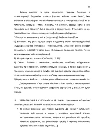 59
Будова волосся та види волосяного покриву. Значення в
терморегуляції. Видозміни волосся (щетина кабана, голки їжака), їхнє
значення. В яких тварин тіло позбавлене волосся, з чим це пов’язано? Як ви
пам’ятаєте, плазуни і птахи линяють. Чи линяють ссавці? Коли в них
проходить цей процесс? Зміна волосся в деяких тварин буває двічі на рік
(навесні і восени – білка, лисиця, песець) або раз на рік (суслик).
Г) Похідні верхнього шару шкіри (епідермісу). Робота зіслайдом.
Д) Висновки. Яку роль відіграє шкіра в підтримці сталої температури тіла?
(Підшкірна жирова клітковина – термоізолятор. М’язи при основі волосся
дозволяють «настовбучувати» його, збільшуючи прошарок повітря. Потові
залозизахищають від перегрівання.)
7) Опорно-рухова система. (Слайди 10, 11, 12)
А) Скелет. Робота з скелетами, таблицею, слайдами, підручником.
Висновки про подібність скелетів плазунів і ссавців, а також відмінності у
положенні кінцівок відносно тулуба; про відносні розміри черепної коробки,
розвиток мозкового відділу черепа у зв’язку з кращим розвитком мозку.
Б) Мускулатура. Робота з слайдом, розповідь вчителя з елементами бесіди.
Добре розвинені м’язи спини, кінцівок та їхніх поясів, а також жувальні
м’язи, які рухають нижню щелепу. Діафрагма бере участь у дихальних рухах
ссавців.
ІІІ. УЗАГАЛЬНЕННЯ І СИСТЕМАТИЗАЦІЯ ЗНАНЬ. Заповнення відповідної
сторінки у зошиті. Відповіді на проблемнізапитання уроку.
 За якими ознаками цих тварин відносять до ссавців? (Спільними
ознаками всіх ссавців є шкіра з залозами, волосяний покрив,
вигодовування малят молоком, кінцівки, що розміщені під тулубом,
наявність діафрагми, що розмежовує грудну і черевну порожнини,
рухомез’єднання головиз тулубом, …)
 