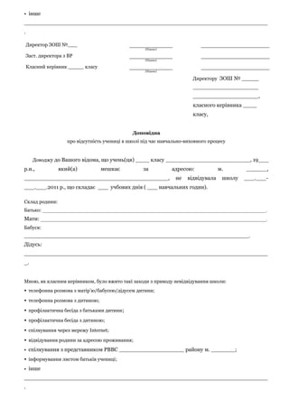 • інше
_______________________________________________________________________
.
Директор ЗОШ №___
Заст. директора з ВР
(Підпис)
Класний керівник _____ класу
(Підпис)
(Підпис)
Директору ЗОШ № _____
_____________________
_____________________,
класного керівника ____
класу,
Доповідна
про відсутність учениці в школі під час навчально-виховного процесу
Доводжу до Вашого відома, що учень(ця) ____ класу ___________________________, 19___
р.н., який(а) мешкає за адресою: м. ______,
__________________________________________, не відвідувала школу ___.___-
___.___.2011 р., що складає ___ учбових днів ( ___ навчальних годин).
Склад родини:
Батько: ____________________________________________________________________________________________.
Мати: _____________________________________________________________________________________________.
Бабуся:
________________________________________________________________________.
Дідусь:
_______________________________________________________________________
_.
Мною, як класним керівником, було вжито такі заходи з приводу невідвідування школи:
• телефонна розмова з матір’ю/бабусею/дідусем дитини;
• телефонна розмова з дитиною;
• профілактична бесіда з батьками дитини;
• профілактична бесіда з дитиною;
• спілкування через мережу Internet;
• відвідування родини за адресою проживання;
• спілкування з представником РВВС ___________________ району м. _______;
• інформування листом батьків учениці;
• інше
_______________________________________________________________________
.
 