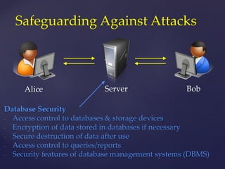 Alice
Safeguarding Against Attacks
Server Bob
Database Security
- Access control to databases & storage devices
- Encryption of data stored in databases if necessary
- Secure destruction of data after use
- Access control to queries/reports
- Security features of database management systems (DBMS)
 