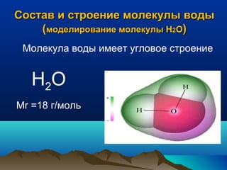 Состав и строение молекулы водыСостав и строение молекулы воды
((моделирование молекулы Нмоделирование молекулы Н22ОО))
Н2О
Mr =18 г/моль
Молекула воды имеет угловое строение
 