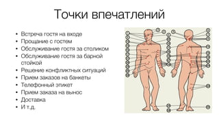 Точки впечатлений
• Встреча гостя на входе
• Прощание с гостем
• Обслуживание гостя за столиком
• Обслуживание гостя за барной
стойкой
• Решение конфликтных ситуаций
• Прием заказов на банкеты
• Телефонный этикет
• Прием заказа на вынос
• Доставка
• И т.д.
 
