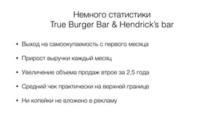 Немного статистики
True Burger Bar & Hendrick’s bar
• Выход на самоокупаемость с первого месяца
• Прирост выручки каждый месяц
• Увеличение объема продаж втрое за 2,5 года
• Средний чек практически на верхней границе
• Ни копейки не вложено в рекламу
 