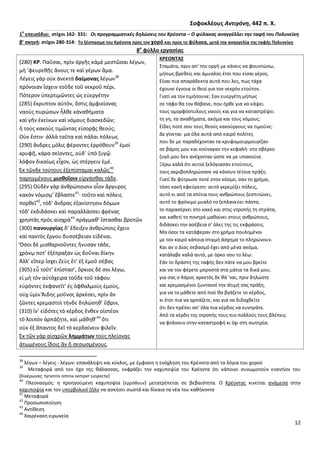 12
΢οφοκλζουσ Αντιγόνθ, 442 π. Χ.
1
ο
επειςόδιο: ςτίχοι 162- 331: Οι προγραμματικζσ δθλϊςεισ του Κρζοντα – Ο φφλακασ αναγγζλλει τθν ταφι του Πολυνείκθ
β’ ςκθνι: ςτίχοι 280-314: Σο ξζςπαςμα του Κρζοντα προσ τον χορό και προσ το φφλακα, μετά τθν αναγγελία τθσ ταφισ Πολυνείκθ
8ο
φφλλο εργαςίασ
(280) ΚΡ. Ραῦςαι, πρὶν ὀργῆσ κἀμὲ μεςτῶςαι λέγων,
μὴ ’φευρεκῇσ ἄνουσ τε καὶ γέρων ἅμα.
Λέγεισ γὰρ οὐκ ἀνεκτά δαίμονασ λέγων38
πρόνοιαν ἴςχειν τοῦδε τοῦ νεκροῦ πέρι.
Ρότερον ὑπερτιμῶντεσ ὡσ εὐεργέτθν
(285) ἔκρυπτον αὐτόν, ὅςτισ ἀμφικίονασ
ναοὺσ πυρώςων ἦλκε κἀνακήματα
καὶ γῆν ἐκείνων καὶ νόμουσ διαςκεδῶν;
ἢ τοὺσ κακοὺσ τιμῶντασ εἰςορᾷσ κεούσ;
Οὐκ ἔςτιν· ἀλλὰ ταῦτα καὶ πάλαι πόλεωσ
(290) ἄνδρεσ μόλισ φέροντεσ ἐρρόκουν39
ἐμοί
κρυφῇ, κάρα ςείοντεσ, οὐδ’ ὑπὸ ηυγῷ
λόφον δικαίωσ εἶχον, ὡσ ςτέργειν ἐμέ.
Ἐκ τῶνδε τούτουσ ἐξεπίςταμαι καλῶσ40
παρθγμένουσ μιςκοῖςιν εἰργάςκαι τάδε.
(295) Οὐδὲν γὰρ ἀνκρώποιςιν οἷον ἄργυροσ
κακὸν νόμιςμ’ ἔβλαςτε41
· τοῦτο καὶ πόλεισ
πορκεῖ42
, τόδ’ ἄνδρασ ἐξανίςτθςιν δόμων
τόδ’ ἐκδιδάςκει καὶ παραλλάςςει φρένασ
χρθςτὰσ πρὸσ αἰςχρὰ43
πράγμακ’ ἵςταςκαι βροτῶν
(300) πανουργίασ δ’ ἔδειξεν ἀνκρώποισ ἔχειν
καὶ παντὸσ ἔργου δυςςέβειαν εἰδέναι.
Ὅςοι δὲ μιςκαρνοῦντεσ ἤνυςαν τάδε,
χρόνῳ ποτ’ ἐξέπραξαν ὡσ δοῦναι δίκθν.
Ἀλλ’ εἴπερ ἴςχει Ηεὺσ ἔτ’ ἐξ ἐμοῦ ςέβασ
(305) εὖ τοῦτ’ ἐπίςτας’, ὅρκιοσ δέ ςοι λέγω,
εἰ μὴ τὸν αὐτόχειρα τοῦδε τοῦ τάφου
εὑρόντεσ ἐκφανεῖτ’ ἐσ ὀφκαλμοὺσ ἐμούσ,
οὐχ ὑμὶν Ἅιδθσ μοῦνοσ ἀρκέςει, πρὶν ἂν
ηῶντεσ κρεμαςτοὶ τήνδε δθλώςθκ’ ὕβριν,
(310) ἵν’ εἰδότεσ τὸ κέρδοσ ἔνκεν οἰςτέον
τὸ λοιπὸν ἁρπάηθτε, καὶ μάκθκ’44
ὅτι
οὐκ ἐξ ἅπαντοσ δεῖ τὸ κερδαίνειν φιλεῖν.
Ἐκ τῶν γὰρ αἰςχρῶν λθμμάτων τοὺσ πλείονασ
ἀτωμένουσ ἴδοισ ἂν ἢ ςεςωςμένουσ.
ΚΡΕΟΝΣΑ΢
Σταμάτα, πριν απ' τθν οργι με κάνεισ να φουντϊςω,
μιπωσ βρεκείσ και άμυαλοσ ζτςι που είςαι γζροσ.
Είναι πια απαράδεκτα αυτά που λεσ, πωσ τάχα
ζχουνε ζγνοια οι κεοί για τον νεκρόν ετοφτον.
Γιατί να τον τιμιςουνε; Σαν ευεργζτθ μιπωσ
ςε τάφο κα τον κάβανε, που ιρκε για να κάψει
τουσ ομορφόςτυλουσ ναοφσ και για να καταςτρζψει
τθ γθ, τα ανακιματα, ακόμα και τουσ νόμουσ;
Είδεσ ποτζ ςου τουσ κεοφσ κακοφργουσ να τιμοφνε;
Δε γίνεται· μα όλα αυτά από καιρό πολίτεσ
που δε με παραδζχονταν τα κρυφομουρμουρίηαν
ςε βάροσ μου και κοφναγαν τθν κεφαλι· ςτο ςβζρκο
ηυγό μου δεν ανζχονταν ϊςτε να με υπακοφνε.
Ξζρω καλά ότι αυτοί ξελόγιαςαν ετοφτουσ,
τουσ ακριβοπλθρϊςανε να κάνουν τζτοια πράξθ.
Γιατί δε φφτρωςε ποτζ ςτον κόςμο, ςαν το χριμα,
τόςο κακι εφεφρεςθ· αυτό γκρεμίηει πόλεισ,
αυτό κι από τα ςπίτια τουσ ανκρϊπουσ ξεςπιτϊνει,
αυτό το φρόνιμο μυαλό το ξεπλανεφει πάντα,
το παραςζρνει ςτο κακό και ςτθσ ντροπισ τθ ςτράτα,
και κακετί το πονθρό μακαίνει ςτουσ ανκρϊπουσ,
διδάςκει τθν αςζβεια ς' όλεσ τθσ τισ εκφράςεισ.
Μα όςοι τα κατάφεραν ςτο χριμα πουλθμζνοι
με τον καιρό κάποια ςτιγμι άςχθμα το πλθρϊνουν.
Και αν ο Δίασ ςεβαςμό ζχει από μζνα ακόμα,
κατάλαβε καλά αυτό, με όρκο ςου το λζω:
Εάν το δράςτθ τθσ ταφισ δεν πάτε να μου βρείτε
και να τον φζρετε μπροςτά ςτα μάτια τα δικά μου,
για ςασ ο Χάροσ αρκετόσ δε κά 'ναι, πριν δθλϊςτε
και κρεμαςμζνοι ηωντανοί τθν άτιμι ςασ πράξθ,
για να το μάκετε από ποφ κα βγάηετε το κζρδοσ,
κι ζτςι πια να αρπάηετε, και για να διδαχκείτε
ότι δεν πρζπει απ' όλα πια κζρδοσ να κυνθγάτε.
Από τα κζρδθ τθσ ντροπισ τουσ πιο πολλοφσ τουσ βλζπεισ
να φτάνουν ςτθν καταςτροφι κι όχι ςτθ ςωτθρία.
38
λζγων – λζγεισ - λζγων: επανάλθψθ και κφκλοσ, με ζμφαςθ θ ενόχλθςθ του Κρζοντα από τα λόγια του χοροφ
39
Μεταφορά από τον ιχο τθσ κάλαςςασ, εκφράηει τθν καχυποψία του Κρζοντα ότι κάποιοι ςυνωμοτοφν εναντίον του
(Κικζρωνασ: tyrannis omnia semper suspecta)
40
Ρλεοναςμόσ: θ προθγοφμενθ καχυποψία (ἐρρόκουν) μετατρζπεται ςε βεβαιότθτα. Ο Κρζοντασ κινείται ανάμεςα ςτθν
καχυποψία και τον υπερβολικό ηιλο να αςκιςει ςωςτά και δίκαια τα νζα του κακικοντα
41
Μεταφορά
42
Ρροςωποποίθςθ
43
Αντίκεςθ
44
Χαιρζκακθ ειρωνεία
 