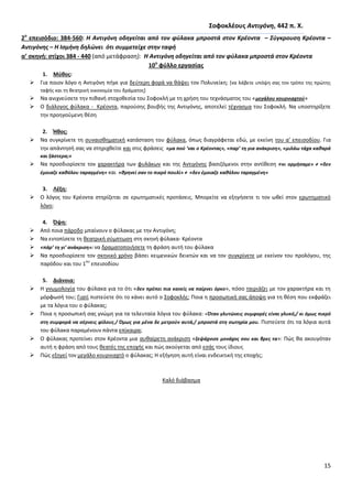 15
΢οφοκλζουσ Αντιγόνθ, 442 π. Χ.
2ο
επειςόδιο: 384-560: Η Αντιγόνθ οδθγείται από τον φφλακα μπροςτά ςτον Κρζοντα – ΢φγκρουςθ Κρζοντα –
Αντιγόνθσ – Η Ιςμινθ δθλϊνει ότι ςυμμετείχε ςτθν ταφι
α’ ςκθνι: ςτίχοι 384 - 440 (από μετάφραςθ): Η Αντιγόνθ οδθγείται από τον φφλακα μπροςτά ςτον Κρζοντα
10ο
φφλλο εργαςίασ
1. Μφκοσ:
 Για ποιον λόγο θ Αντιγόνθ πιγε για δεφτερθ φορά να κάψει τον Ρολυνείκθ; *να λάβετε υπόψθ ςασ τον τρόπο τθσ πρϊτθσ
ταφισ και τθ κεατρικι οικονομία του δράματοσ+
 Να ανιχνεφςετε τθν πικανι ςτοχοκεςία του Σοφοκλι με τθ χριςθ του τεχνάςματοσ του «μεγάλου κουρνιαχτοφ»
 Ο διάλογοσ φφλακα - Κρζοντα, παροφςθσ βουβισ τθσ Αντιγόνθσ, αποτελεί τζχναςμα του Σοφοκλι. Να υποςτθρίξετε
τθν προθγοφμενθ κζςθ
2. Ήκοσ:
 Να ςυγκρίνετε τθ ςυναιςκθματικι κατάςταςθ του φφλακα, όπωσ διαγράφεται εδϊ, με εκείνθ του α’ επειςοδίου. Για
τθν απάντθςι ςασ να ςτθριχκείτε και ςτισ φράςεισ «μα ποφ ‘ναι ο Κρζοντασ», «παρ’ τθ για ανάκριςθ», «μιλάω τάχα κακαρά
και ξάςτερα;»
 Να προςδιορίςετε τον χαρακτιρα των φυλάκων και τθσ Αντιγόνθσ βαςιηόμενοι ςτθν αντίκεςθ «κι ορμιςαμε» ≠ «δεν
ζμοιαηε κακόλου ταραγμζνθ» και «κρθνεί ςαν το πικρό πουλί» ≠ «δεν ζμοιαηε κακόλου ταραγμζνθ»
3. Λζξθ:
 Ο λόγοσ του Κρζοντα ςτθρίηεται ςε ερωτθματικζσ προτάςεισ. Μπορείτε να εξθγιςετε τι τον ωκεί ςτον ερωτθματικό
λόγο;
4. Όψθ:
 Από ποια πάροδο μπαίνουν ο φφλακασ με τθν Αντιγόνθ;
 Να εντοπίςετε τθ κεατρικι ςφμπτωςθ ςτθ ςκθνι φφλακα- Κρζοντα
 «πάρ’ τθ γι’ ανάκριςθ»: να δραματοποιιςετε τθ φράςθ αυτι του φφλακα
 Να προςδιορίςετε τον ςκθνικό χρόνο βάςει κειμενικϊν δεικτϊν και να τον ςυγκρίνετε με εκείνον του προλόγου, τθσ
παρόδου και του 1
ου
επειςοδίου
5. Διάνοια:
 H γνωμολογία του φφλακα για το ότι «δεν πρζπει πια κανείσ να παίρνει όρκο», πόςο ταιριάηει με τον χαρακτιρα και τθ
μόρφωςι του; Γιατί πιςτεφετε ότι το κάνει αυτό ο Σοφοκλισ; Ροια θ προςωπικι ςασ άποψθ για τθ κζςθ που εκφράηει
με τα λόγια του ο φφλακασ;
 Ροια θ προςωπικι ςασ γνϊμθ για τα τελευταία λόγια του φφλακα: «Όταν γλυτϊνεισ ςυμφορζσ είναι γλυκό,/ κι όμωσ πικρό
ςτθ ςυμφορά να ςζρνεισ φίλουσ./ Όμωσ για μζνα δε μετροφν αυτά,/ μπροςτά ςτθ ςωτθρία μου. Ριςτεφετε ότι τα λόγια αυτά
του φφλακα παραμζνουν πάντα επίκαιρα;
 Ο φφλακασ προτείνει ςτον Κρζοντα μια αυκαίρετθ ανάκριςθ «ξεψάχνιςε μονάχοσ ςου και βρεσ τα»: Ρϊσ κα ακουγόταν
αυτι θ φράςθ από τουσ κεατζσ τθσ εποχισ και πϊσ ακοφγεται από εςάσ τουσ ίδιουσ
 Ρϊσ εξθγεί τον μεγάλο κουρνιαχτό ο φφλακασ; Θ εξιγθςθ αυτι είναι ενδεικτικι τθσ εποχισ;
Καλό διάβαςμα
 