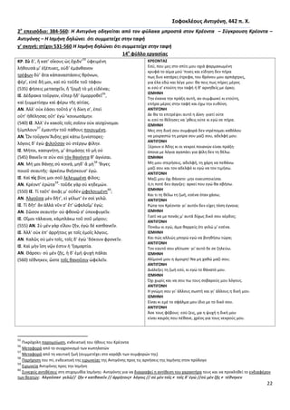 22
΢οφοκλζουσ Αντιγόνθ, 442 π. Χ.
2ο
επειςόδιο: 384-560: Η Αντιγόνθ οδθγείται από τον φφλακα μπροςτά ςτον Κρζοντα – ΢φγκρουςθ Κρζοντα –
Αντιγόνθσ – Η Ιςμινθ δθλϊνει ότι ςυμμετείχε ςτθν ταφι
γ’ ςκθνι: ςτίχοι 531-560 Η Ιςμινθ δθλϊνει ότι ςυμμετείχε ςτθν ταφι
14ο
φφλλο εργαςίασ
ΚΡ. ΢ὺ δ’, ἣ κατ’ οἴκουσ ὡσ ἔχιδν’
55
ὑφειμένθ
λήκουςά μ’ ἐξέπινεσ, οὐδ’ ἐμάνκανον
τρέφων δύ’ ἄτα κἀπαναςτάςεισ κρόνων,
φέρ’, εἰπὲ δή μοι, καὶ ςὺ τοῦδε τοῦ τάφου
(535) φήςεισ μεταςχεῖν, ἢ ’ξομῇ τὸ μὴ εἰδέναι;
Ι΢. Δέδρακα τοὔργον, εἴπερ ἥδ’ ὁμορροκεῖ
56
,
καὶ ξυμμετίςχω καὶ φέρω τῆσ αἰτίασ.
ΑΝ. Ἀλλ’ οὐκ ἐάςει τοῦτό γ’ ἡ δίκθ ς’, ἐπεὶ
οὔτ’ ἠκέλθςασ οὔτ’ ἐγὼ ’κοινωςάμθν.
(540) Ι΢. Ἀλλ’ ἐν κακοῖσ τοῖσ ςοῖςιν οὐκ αἰςχύνομαι
ξύμπλουν
57
ἐμαυτὴν τοῦ πάκουσ ποιουμένθ.
ΑΝ. Ὧν τοὔργον Ἅιδθσ χοἰ κάτω ξυνίςτορεσ·
λόγοισ δ’ ἐγὼ φιλοῦςαν οὐ ςτέργω φίλθν.
Ι΢. Μήτοι, καςιγνήτθ, μ’ ἀτιμάςῃσ τὸ μὴ οὐ
(545) κανεῖν τε ςὺν ςοὶ τὸν κανόντα κ’ ἁγνίςαι.
ΑΝ. Μή μοι κάνῃσ ςὺ κοινά, μθδ’ ἃ μὴ
58
’κιγεσ
ποιοῦ ςεαυτῆσ· ἀρκέςω κνῄςκους’ ἐγώ.
Ι΢. Καὶ τίσ βίοσ μοι ςοῦ λελειμμένῃ φίλοσ;
ΑΝ. Κρέοντ’ ἐρώτα
59
· τοῦδε γὰρ ςὺ κθδεμών.
(550) Ι΢. Τί ταῦτ’ ἀνιᾷσ μ’ οὐδὲν ὠφελουμένθ
60
;
ΑΝ. Ἀλγοῦςα μὲν δῆτ’, εἰ γέλωτ’ ἐν ςοὶ γελῶ.
Ι΢. Τί δῆτ’ ἂν ἀλλὰ νῦν ς’ ἔτ’ ὠφελοῖμ’ ἐγώ;
ΑΝ. Σῶςον ςεαυτήν· οὐ φκονῶ ς’ ὑπεκφυγεῖν.
Ι΢. Οἴμοι τάλαινα, κἀμπλάκω τοῦ ςοῦ μόρου;
(555) ΑΝ. Σὺ μὲν γὰρ εἵλου ηῆν, ἐγὼ δὲ κατκανεῖν.
Ι΢. Ἀλλ’ οὐκ ἐπ’ ἀρρήτοισ γε τοῖσ ἐμοῖσ λόγοισ.
ΑΝ. Καλῶσ ςὺ μὲν τοῖσ, τοῖσ δ’ ἐγὼ ’δόκουν φρονεῖν.
Ι΢. Καὶ μὴν ἴςθ νῷν ἐςτιν ἡ ’ξαμαρτία.
ΑΝ. Κάρςει· ςὺ μὲν ηῇσ, ἡ δ’ ἐμὴ ψυχὴ πάλαι
(560) τέκνθκεν, ὥςτε τοῖσ κανοῦςιν ὠφελεῖν.
ΚΡΕΟΝΣΑ΢
Εςφ, που μεσ ςτο ςπίτι μου οχιά φαρμακωμζνθ
κρυφά το αίμα μοφ 'πινεσ και είδθςθ δεν πιρα
πωσ δυο κατάρεσ ζτρεφα, του κρόνου μου αρπάχτρεσ,
για ζλα εδϊ και λζγε μου: κα πεισ πωσ πιρεσ μζροσ
κι εςφ ς' ετοφτθ τθν ταφι ι κ' αρνθκείσ με όρκο;
Ι΢ΜΗΝΗ
Τθν ζκανα τθν πράξθ αυτι, αν ςυμφωνεί κι ετοφτθ,
επιρα μζροσ ςτθν ταφι και ζχω τθν ευκφνθ.
ΑΝΣΙΓΟΝΗ
Δε κα το επιτρζψει αυτό θ Δίκθ· γιατί οφτε
κι εςφ το κζλθςεσ να 'ρκεισ οφτε κι εγϊ ςε πιρα.
Ι΢ΜΗΝΗ
Μεσ ςτθ δικι ςου ςυμφορά δεν ντρζπομαι κακόλου
να μοιραςτϊ τθ μοίρα ςου μαηί ςου, αδελφι μου.
ΑΝΣΙΓΟΝΗ
Ξζρουν ο Άδθσ κι οι νεκροί ποιανϊν είναι πράξθ·
όποια με λόγια αγαπάει για φίλθ δεν τθ κζλω.
Ι΢ΜΗΝΗ
Μθ μου ςτεριςεισ, αδελφι, τθ χάρθ να πεκάνω
μαηί ςου και τον αδελφό κι εγϊ να τον τιμιςω.
ΑΝΣΙΓΟΝΗ
Μαηί μου όχι κάνατο· μθν οικειοποιείςαι
ό,τι ποτζ δεν άγγιξεσ· αρκεί που εγϊ κα ςβιςω.
Ι΢ΜΗΝΗ
Και τι τθ κζλω τθ ηωι, εςζνα όταν χάςω;
ΑΝΣΙΓΟΝΗ
΢ϊτα τον Κρζοντα· γι' αυτόν δεν είχεσ τόςθ ζγνοια;
Ι΢ΜΗΝΗ
Γιατί να με πονάσ μ' αυτά δίχωσ δικό ςου κζρδοσ;
ΑΝΣΙΓΟΝΗ
Ρονάω κι εγϊ, άμα καρρείσ ότι γελϊ μ' εςζνα.
Ι΢ΜΗΝΗ
Και πϊσ αλλιϊσ μπορϊ εγϊ να βοθκιςω τϊρα;
ΑΝΣΙΓΟΝΗ
Τον εαυτό ςου γλίτωςε· γι' αυτό δε ςε ηθλεφω.
Ι΢ΜΗΝΗ
Αλίμονό μου θ άμοιρθ! Να μθ χακϊ μαηί ςου;
ΑΝΣΙΓΟΝΗ
Διάλεξεσ τθ ηωι εςφ, κι εγϊ το κάνατό μου.
Ι΢ΜΗΝΗ
Πχι χωρίσ και να ςου πω τουσ ςοβαροφσ μου λόγουσ.
ΑΝΣΙΓΟΝΗ
Θ γνϊμθ ςου γι' άλλουσ ςωςτι και γι' άλλουσ θ δικι μου.
Ι΢ΜΗΝΗ
Είναι κι εμζ το ςφάλμα μου ίδιο με το δικό ςου.
ΑΝΣΙΓΟΝΗ
Άςε τουσ φόβουσ· εςφ ηεισ, μα θ ψυχι θ δικι μου
είναι καιρόσ που πζκανε, χρζοσ για τουσ νεκροφσ μου.
55
Ρικρόχολθ παρομοίωςθ, ενδεικτικι του ικουσ του Κρζοντα
56
Μεταφορά από το ςυγχρονιςμό των κωπθλατϊν
57
Μεταφορά από τθ ναυτικι ηωι (ςυμμετζχει ςτο καράβι των ςυμφορϊν τθσ)
58
Ραριχθςθ του mi, ενδεικτικι τθσ ειρωνείασ τθσ Αντιγόνθσ προσ τισ αρνιςεισ τθσ Λςμινθσ ςτον πρόλογο
59
Ειρωνεία Αντιγόνθσ προσ τθν Λςμινθ
60
Συνεχείσ αντικζςεισ ςτθ ςτιχομυκία Λςμινθσ- Αντιγόνθσ για να διαγραφεί θ αντίκεςθ του χαρακτιρα τουσ και να προκλθκεί το ενδιαφζρον
των κεατϊν: Ἀλγοῦςα≠ γελῶ// ηῆν ≠ κατκανεῖν // ἀρρήτοισ≠ λόγοισ // ςὺ μὲν τοῖσ ≠ τοῖσ δ’ ἐγὼ //ςὺ μὲν ηῇσ ≠ τέκνθκεν
 