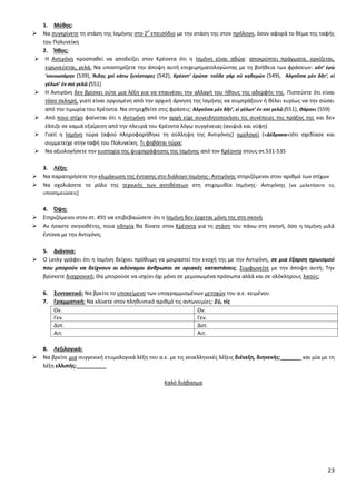 23
1. Μφκοσ:
 Να ςυγκρίνετε τθ ςτάςθ τθσ Λςμινθσ ςτο 2
ο
επειςόδιο με τθν ςτάςθ τθσ ςτον πρόλογο, όςον αφορά το κζμα τθσ ταφισ
του Ρολυνείκθ
2. Ήκοσ:
 Θ Αντιγόνθ προςπακεί να αποδείξει ςτον Κρζοντα ότι θ Λςμινθ είναι ακϊα: αποκρφπτει πράγματα, ορκίηεται,
ειρωνεφεται, γελά. Να υποςτθρίξετε τθν άποψθ αυτι επιχειρθματολογϊντασ με τθ βοικεια των φράςεων: οὔτ’ ἐγὼ
’κοινωςάμθν (539), Ἅιδθσ χοἰ κάτω ξυνίςτορεσ (542), Κρέοντ’ ἐρώτα· τοῦδε γὰρ ςὺ κθδεμών (549), Ἀλγοῦςα μὲν δῆτ’, εἰ
γέλωτ’ ἐν ςοὶ γελῶ (551)
 Θ Αντιγόνθ δεν βρίςκει οφτε μια λζξθ για να επαινζςει τθν αλλαγι του ικουσ τθσ αδερφισ τθσ. Ριςτεφετε ότι είναι
τόςο ςκλθρι, γιατί είναι οργιςμζνθ από τθν αρχικι άρνθςθ τθσ Λςμινθσ να ςυμπράξουν ι κζλει κυρίωσ να τθν ςϊςει
από τθν τιμωρία του Κρζοντα. Να ςτθριχκείτε ςτισ φράςεισ: Ἀλγοῦςα μὲν δῆτ’, εἰ γέλωτ’ ἐν ςοὶ γελῶ (551), Θάρςει (559)
 Από ποιο ςτίχο φαίνεται ότι θ Αντιγόνθ από τθν αρχι είχε ςυνειδθτοποιιςει τισ ςυνζπειεσ τθσ πράξθσ τθσ και δεν
ζλπιηε ςε καμιά εξαίρεςθ από τθν πλευρά του Κρζοντα λόγω ςυγγζνειασ (ανιψιά και νφφθ)
 Γιατί θ Λςμινθ τϊρα (αφοφ πλθροφορικθκε τθ ςφλλθψθ τθσ Αντιγόνθσ) ομολογεί («Δζδρακα»)ότι ςχεδίαςε και
ςυμμετείχε ςτθν ταφι του Ρολυνείκθ; Τι φοβάται τϊρα;
 Να αξιολογιςετε τθν ευςτοχία τθσ ψυχογράφθςθσ τθσ Λςμινθσ από τον Κρζοντα ςτουσ ςτ.531-535
3. Λζξθ:
 Να παρατθριςετε τθν κλιμάκωςθ τθσ ζνταςθσ ςτο διάλογο Λςμινθσ- Αντιγόνθσ ςτθριηόμενοι ςτον αρικμό των ςτίχων
 Να ςχολιάςετε το ρόλο τθσ τεχνικισ των αντικζςεων ςτθ ςτιχομυκία Λςμινθσ- Αντιγόνθσ *να μελετιςετε τισ
υποςθμειϊςεισ+
4. Όψθ:
 Στθριηόμενοι ςτον ςτ. 491 να επιβεβαιϊςετε ότι θ Λςμινθ δεν ζρχεται μόνθ τθσ ςτθ ςκθνι
 Αν ιςαςτε ςκθνοκζτθσ, ποια οδθγία κα δίνατε ςτον Κρζοντα για τθ ςτάςθ του πάνω ςτθ ςκθνι, όςο θ Λςμινθ μιλά
ζντονα με τθν Αντιγόνθ;
5. Διάνοια:
 Ο Lesky γράφει ότι θ Λςμινθ δείχνει πρόκυμθ να μοιραςτεί τθν ενοχι τθσ με τθν Αντιγόνθ, ςε μια ζξαρςθ θρωιςμοφ
που μποροφν να δείχνουν οι αδφναμοι άνκρωποι ςε οριακζσ καταςτάςεισ. Συμφωνείτε με τθν άποψθ αυτι; Τθν
βρίςκετε διαχρονικι; Κα μποροφςε να ιςχφει όχι μόνο ςε μεμονωμζνα πρόςωπα αλλά και ςε ολόκλθρουσ λαοφσ;
6. ΢υντακτικό: Να βρείτε το υποκείμενο των υπογραμμιςμζνων μετοχϊν του α.ε. κειμζνου
7. Γραμματικι: Να κλίνετε ςτον πλθκυντικό αρικμό τισ αντωνυμίεσ: ΢φ, τίσ
Ον. Ον.
Γεν. Γεν.
Δοτ. Δοτ.
Αιτ. Αιτ.
8. Λεξιλογικά:
 Να βρείτε μια ςυγγενικι ετυμολογικά λζξθ του α.ε. με τισ νεοελλθνικζσ λζξεισ διζνεξθ, διθνεκισ:_______ και μία με τθ
λζξθ ελλιπισ:__________
Καλό διάβαςμα
 