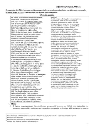 27
΢οφοκλζουσ Αντιγόνθ, 442 π. Χ.
3ο
επειςόδιο: 635-761: Η αποτυχία του Αίμονα να μεταβάλει τθν καταδικαςτικι απόφαςθ του Κρζοντα για τθν Αντιγόνθ
α’ ςκθνι: ςτίχοι 683-723 Ο εκτενισ λόγοσ του Αίμονα προσ τον Κρζοντα
17ο
φφλλο εργαςίασ
ΑΙ. Ράτερ, κεοὶ φύουςιν ἀνκρώποισ φρένασ,
πάντων ὅς’ ἐςτὶ κτθμάτων ὑπέρτατον·
(685) Ἐγὼ δ’ ὅπωσ ςὺ μὴ λέγεισ ὀρκῶσ τάδε,
οὔτ’ ἂν δυναίμθν μήτ’ ἐπιςταίμθν λέγειν·
γένοιτο μεντἂν χἀτέρῳ καλῶσ ἔχον.
Σοῦ δ’ οὖν πέφυκα πάντα προςκοπεῖν ὅςα
λέγει τισ ἢ πράςςει τισ ἢ ψέγειν ἔχει·
(690) τὸ γὰρ ςὸν ὄμμα δεινὸν ἀνδρὶ δθμότῃ
λόγοισ τοιούτοισ, οἷσ ςὺ μὴ τέρψῃ κλύων.
Ἐμοὶ δ’ ἀκούειν ἔςκ’ ὑπὸ ςκότου τάδε,
τὴν παῖδα ταύτθν οἷ’ ὀδύρεται πόλισ,
παςῶν γυναικῶν ὡσ ἀναξιωτάτθ
(695) κάκιςτ’ ἀπ’ ἔργων εὐκλεεςτάτων φκίνει,
ἥτισ τὸν αὑτῆσ αὐτάδελφον ἐν φοναῖσ
πεπτῶτ’ ἄκαπτον μήκ’ ὑπ’ ὠμθςτῶν κυνῶν
εἴας’ ὀλέςκαι μήκ’ ὑπ’ οἰωνῶν τινοσ·
οὐχ ἥδε χρυςῆσ ἀξία τιμῆσ λαχεῖν;
(700) τοιάδ’ ἐρεμνὴ ςῖγ’ ἐπέρχεται φάτισ64
.
Ἐμοὶ δὲ ςοῦ πράςςοντοσ εὐτυχῶσ, πάτερ,
οὐκ ἔςτιν οὐδὲν κτῆμα τιμιώτερον·
τί γὰρ πατρὸσ κάλλοντοσ εὐκλείασ τέκνοισ
ἄγαλμα μεῖηον, ἢ τί πρὸσ παίδων πατρί;
(705) Μή νυν ἓν ἦκοσ μοῦνον ἐν ςαυτῷ φόρει,
ὡσ φῂσ ςύ, κοὐδὲν ἄλλο, τοῦτ’ ὀρκῶσ ἔχειν·
ὅςτισ γὰρ αὐτὸσ ἢ φρονεῖν μόνοσ δοκεῖ,
ἢ γλῶςςαν, ἣν οὐκ ἄλλοσ, ἢ ψυχὴν ἔχειν,
οὗτοι διαπτυχκέντεσ ὤφκθςαν κενοί65
.
(710) Ἀλλ’ ἄνδρα, κεἴ τισ ᾖ ςοφόσ, τὸ μανκάνειν
πόλλ’ αἰςχρὸν οὐδὲν καὶ τὸ μὴ τείνειν ἄγαν66
.
Ὁρᾷσ παρὰ ῥείκροιςι χειμάρροισ ὅςα
δένδρων ὑπείκει, κλῶνασ ὡσ ἐκςῴηεται,
τὰ δ’ ἀντιτείνοντ’ αὐτόπρεμν’ ἀπόλλυται.
(715) Αὔτωσ δὲ ναὸσ ὅςτισ ἐγκρατῆ πόδα
τείνασ ὑπείκει μθδέν, ὑπτίοισ κάτω
ςτρέψασ τὸ λοιπὸν ςέλμαςιν ναυτίλλεται67
.
Ἀλλ’ εἶκε κυμῷ καὶ μετάςταςιν δίδου.
Γνώμθ γὰρ εἴ τισ κἀπ’ ἐμοῦ νεωτέρου
(720) πρόςεςτι, φήμ’ ἔγωγε πρεςβεύειν πολὺ
φῦναί τιν’ ἄνδρα πάντ’ ἐπιςτήμθσ πλέων·
εἰ δ’ οὖν, φιλεῖ γὰρ τοῦτο μὴ ταύτῃ ῥέπειν,
καὶ τῶν λεγόντων εὖ καλὸν τὸ μανκάνειν.
ΑΙΜΟΝΑ΢
Μυαλό, πατζρα, οι κεοί χαρίηουν ςτουσ ανκρϊπουσ,
το μεγαλφτερο αγακό απ' όλα που υπάρχουν.
Εγϊ πωσ δε μιλάσ ςωςτά για όςα λεσ, ποτζ μου
δε κα μποροφςα να το πω, μιτε και να μπορζςω.
Μα κι άλλοσ κά 'ταν δυνατόν νά 'χει ορκζσ ιδζεσ.
Για ςζνα είναι φυςικό εγϊ να τα προςζχω
όλα που λεν ι κάνουνε ι ζχουν να ςου ψζξουν.
Νιϊκει το μάτι ςου βαρφ πάντοτε ο πολίτθσ,
αν είναι τζτοια να ςου πει που δε κα ςε γλυκάνουν.
Ενϊ εγϊ ςτα ςκοτεινά μπορϊ να το ακοφω
το πϊσ κρθνοφν τθν κόρθ αυτι όλοι μζςα ςτθν πόλθ·
λζνε πωσ πιο ανάξια απ' όλεσ τισ γυναίκεσ
για πράξθ αξιζπαινθ παγκάκιςτα πεκαίνει:
Δεν άφθςε τον αδελφό, που ζπεςε ςτθ μάχθ,
άκαφτο κι απροςτάτευτο, να τον καταξεςκίςουν
τα ςαρκοβόρα τα ςκυλιά, τ' αγριεμζνα όρνια.
Δεν είναι, λζνε, άξια χρυςι τιμι να ζβρει;
Τζτοια μια φιμθ ςιγανι ςζρνεται ςτο ςκοτάδι.
Για με, πατζρα μου, από ςε, αν το καλό ςυντρζχεισ,
τίποτα πιο πολφτιμο δε γίνεται να υπάρξει.
Ροια μεγαλφτερθ χαρά για τα παιδιά απ' τθ δόξα
του τιμθμζνου τουσ γονιοφ; Ι του γονιοφ απ' τα τζκνα;
Μθν ζχεισ μονοκόμματθ μονάχα αυτι τθ ςκζψθ,
πωσ ό,τι λεσ είναι ςωςτό και τίποτα πια άλλο.
Πποιοσ καρρεί πωσ μόνο αυτόσ τθ φρόνθςθ κατζχει
ι ζχει γλϊςςα ι ψυχι που δεν τθν ζχει άλλοσ,
άμα τον ψάξεισ πιο βακιά, κα δεισ πωσ είναι κοφφιοσ.
Για ζναν άνδρα, και ςοφό, διόλου ντροπι δεν είναι
το να μακαίνει το ςχοινί να μθν παρατεντϊνει.
Κοίτα ςτισ ακροποταμιζσ τα δζντρα που λυγάνε
πϊσ ςϊηουν τα κλωνάρια τουσ κι όρκια παραμζνουν·
μα όςα αντιςτζκονται χάνονται απ' τθ ρίηα.
Ζτςι τθ ςκότα καραβιοφ όποιοσ γερά τραβάει
και δε λαςκάρει το ςκοινί, αναποδογυρίηει
και αρμενίηει ςτο εξισ με ανάποδθ καρίνα.
Μα δϊςε τόπο ςτθν οργι κι άλλαξε τθν καρδιά ςου.
Αν, ζςτω και νεότεροσ, μπορϊ να ζχω γνϊμθ,
κα ζλεγα τουλάχιςτο πωσ ςτζκει πάνω απ' όλα
να γεννθκεί κανείσ ςοφόσ, τα πάντα να τα ξζρει·
κι αφοφ αυτό δε γίνεται, το πιο ςωςτό πια είναι
ν' ακοφσ καλοπροαίρετα όςουσ ορκά μιλάνε.
1. Μφκοσ:
 Ο Αίμονασ επιχειρθματολογεί διακριτικά (ςπάνια χρθςιμοποιεί β’ ενικό, π.χ. ςτ. 705,718) ςτθν προςπάκειά του
ουςιαςτικά να αποτρζψει τον Κρζοντα από τθν εκτζλεςθ τθσ τιμωρίασ τθσ Αντιγόνθσ αλλά ταυτόχρονα να ςϊςει το
64
Ρροςωποποίθςθ: αιςκθτοποιείται θ δφναμθ και θ επίδραςθ τθσ φιμθσ ςτον λαό αλλά κι θ αυταρχικότθτα του Κρζοντα
65
Μεταφορά από τα καρφδια
66
Μεταφορά από το τζντωμα τθσ χορδισ τθσ λφρασ ι του τόξου
67
Ειρωνεία (πϊσ ταξιδεφει το πλοίο, αφοφ βοφλιαξε!!!)
 