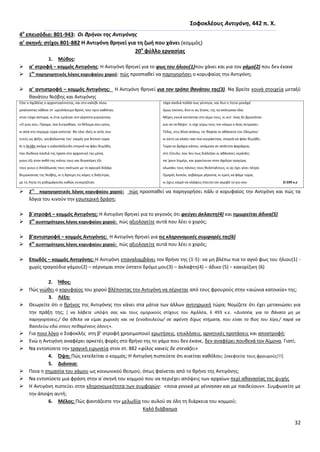 32
΢οφοκλζουσ Αντιγόνθ, 442 π. Χ.
4ο
επειςόδιο: 801-943: Οι κρινοι τθσ Αντιγόνθσ
α’ ςκθνι: ςτίχοι 801-882 Η Αντιγόνθ κρθνεί για τθ ηωι που χάνει (κομμόσ)
20ο
φφλλο εργαςίασ
1. Μφκοσ:
 α’ ςτροφι – κομμόσ Αντιγόνθσ: Θ Αντιγόνθ κρθνεί για το φωσ του ιλιου(1)που χάνει και για τον γάμο(2) που δεν ζκανε
 1
οσ
παρθγορθτικόσ λόγοσ κορυφαίου χοροφ: πϊσ προςπακεί να παρθγοριςει ο κορυφαίοσ τθν Αντιγόνθ;
 α’ αντιςτροφι – κομμόσ Αντιγόνθσ: Θ Αντιγόνθ κρθνεί για τον τρόπο κανάτου τθσ(3). Να βρείτε κοινά ςτοιχεία μεταξφ
κανάτου Νιόβθσ και Αντιγόνθσ
Είπε ο Αχιλλζασ ο αρχοντογζννθτοσ, και ςτο καλφβι πίςω
μπαίνοντασ κάκιςε ςτ᾿ ωριόπλουμο κρονί, που πριν κακόταν,
ςτον τοίχο αντίκρα, κι ζτςι εμίλθςε ςτο γζροντα γυρνϊντασ:
«Ο γιοσ ςου, Ρρίαμε, πια λυτρϊκθκε, το κζλθμα ςου εγίνθ,
κι απά ςτο ςτρϊμα τϊρα κοίτεται᾿ κα τόνε ιδείσ κι ατόσ ςου
ευτφσ ωσ φζξει, κουβαλϊντασ τον᾿ καιρόσ για δείπνο τϊρα.
Κι θ Νιόβθ ακόμα θ καλοπλζξουδθ ςτερνά να φάει κυμικθ,
που δϊδεκα παιδιά τθσ ζχαςε ςτο αρχοντικό τθσ μζςα,
γιουσ ζξι ςτον ανκό τθσ νιότθσ τουσ και κυγατζρεσ ζξι·
τουσ γιουσ ο Απόλλωνασ τουσ ςκότωςε με το αργυρό δοξάρι
κυμϊνοντασ τθσ Νιόβθσ, κι θ Άρτεμθ τισ κόρεσ θ δοξεφτρα,
με τθ Λθτϊ τθ ροδομάγουλθ κακϊσ ςυνεριηόταν,
τάχα παιδιά πολλά πωσ γζννθςε, και δυο θ Λθτϊ μονάχα'
όμωσ εκείνοι, δυο κι ασ ιτανε, τθσ τα ςκότωςαν όλα.
Μζρεσ εννιά κοιτόνταν ςτο αίμα τουσ, κι ουτ᾿ ζνασ δε βριςκόταν
για να τα κάψει᾿ τι είχε γφρω τουσ τον κόςμο ο Δίασ πετρϊςει.
Τζλοσ, ςτισ δζκα απάνω, τα 'καψαν οι ακάνατοι του Ολφμπου'
κι αφτθ να κλαίει ςαν πια κουράςτθκε, ςτερνά να φάει κυμικθ.
Τϊρα ςε βράχια κάπου, ανάμεςα ςε απάτθτα φαράγγια,
ςτθ Σίπυλο, που λεν πωσ διάλεξαν οι ακάνατεσ νεράιδεσ
να 'χουν λθμζρι, και χορεφουνε ςτον Αχελϊο τρογφρα,
κλωςάει τουσ πόνουσ τουσ κεόςταλτουσ, κι ασ ζχει γίνει πζτρα.
Ομπρόσ λοιπόν, ςεβάςμιε γζροντα, κι εμείσ να φάμε τϊρα,
κι ζχεισ καιρό να κλάψεισ ζπειτα τον ακριβό το γιο ςου Ω 599 κ.ε
 2
οσ
παρθγορθτικόσ λόγοσ κορυφαίου χοροφ: πϊσ προςπακεί να παρθγοριςει πάλι ο κορυφαίοσ τθν Αντιγόνθ και πϊσ τα
λόγια του κινοφν τθν εςωτερικι δράςθ;
 βϋςτροφι – κομμόσ Αντιγόνθσ: Θ Αντιγόνθ κρθνεί για το γεγονόσ ότι φεφγει άκλαυτθ(4) και τιμωρείται άδικα(5)
 3
οσ
αυςτθρότεροσ λόγοσ κορυφαίου χοροφ: πϊσ αξιολογείτε αυτά που λζει ο χορόσ;
 β’αντιςτροφι – κομμόσ Αντιγόνθσ: Θ Αντιγόνθ κρθνεί για τισ κλθρονομικζσ ςυμφορζσ τθσ(6)
 4
οσ
αυςτθρότεροσ λόγοσ κορυφαίου χοροφ: πϊσ αξιολογείτε αυτά που λζει ο χορόσ;
 Επωδόσ – κομμόσ Αντιγόνθσ: Θ Αντιγόνθ επαναλαμβάνει τον κρινο τθσ (1-5): να μθ βλζπω πια το αγνό φωσ του ιλιου(1) -
χωρίσ τραγοφδια γάμου(2) – ςζρνομαι ςτον φςτατο δρόμο μου(3) – άκλαφτθ(4) – άδικο (5) – κακορίηικθ (6)
2. Ήκοσ:
 Ρϊσ νιϊκει ο κορυφαίοσ του χοροφ βλζποντασ τθν Αντιγόνθ να ςζρνεται από τουσ φρουροφσ ςτθν «αιϊνια κατοικία» τθσ;
3. Λζξθ:
 Κεωρείτε ότι ο κρινοσ τθσ Αντιγόνθσ τθν κάνει ςτα μάτια των άλλων αντιθρωικι τϊρα; Νομίηετε ότι ζχει μετανιϊςει για
τθν πράξθ τθσ; * να λάβετε υπόψθ ςασ και τουσ ομθρικοφσ ςτίχουσ του Αχιλλζα, λ 493 κ.ε. «Δυςςζα, για το κάνατο μθ με
παρθγοριςεισ./ Θα ικελα να είμαι χωρικόσ και να ξενοδουλεφω/ ςε αφζντθ δίχωσ κτιματα, που είναι το βιοσ του λίγο,/ παρά να
βαςιλεφω εδϊ ςτουσ πεκαμζνουσ όλουσ».
 Για ποιο λόγο ο Σοφοκλισ ςτθ β’ ςτροφι χρθςιμοποιεί ερωτιςεισ, επικλιςεισ, αρνθτικζσ προτάςεισ και αποςτροφι;
 Ενϊ θ Αντιγόνθ αναφζρει αρκετζσ φορζσ ςτο κρινο τθσ το γάμο που δεν ζκανε, δεν αναφζρει πουκενά τον Αίμονα. Γιατί;
 Να εντοπίςετε τθν τραγικι ειρωνεία ςτον ςτ. 882 «φίλοσ κανείσ δε ςτενάηει»
4. Όψθ: Ρϊσ εκτελείται ο κομμόσ; Θ Αντιγόνθ πιςτεφετε ότι κινείται κακόλου; *ςκεφτείτε τουσ φρουροφσ!!!+
5. Διάνοια:
 Ροια θ ςθμαςία του γάμου ωσ κοινωνικοφ κεςμοφ, όπωσ φαίνεται από το κρινο τθσ Αντιγόνθσ;
 Να εντοπίςετε μια φράςθ ςτθν αϋςκθνι του κομμοφ που να περιζχει απόψεισ των αρχαίων περί ακαναςίασ τθσ ψυχισ
 Θ Αντιγόνθ πιςτεφει ςτθν κλθρονομικότθτα των ςυμφορϊν: «ποια γονικά με γζννθςαν και με παιδεφουν». Συμφωνείτε με
τθν άποψθ αυτι;
6. Μζλοσ: Ρϊσ φαντάηεςτε τθν μελωδία του αυλοφ ςε όλθ τθ διάρκεια του κομμοφ;
Καλό διάβαςμα
 
