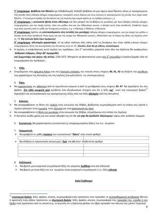 6
1
ο
επιχείρθμα: φοβάται τον κάνατο (με λικοβολιςμό), δθλαδι φοβάται να μθν ζχουν κακό κάνατο, όπωσ οι προθγοφμενοι
τθσ γενιάσ τουσ (οδθγία ελζγχου επιχειριματοσ: ανατρζξτε ςτουσ λόγουσ για τουσ οποίουσ οι προθγοφμενοι τθσ γενιάσ τουσ είχαν κακό
κάνατο. Θ επικείμενθ πράξθ τθσ Αντιγόνθσ και τθσ Λςμινθσ ζχει καμιά ςχζςθ με τισ πράξεισ εκείνων;;;;;)
2
ο
επιχείρθμα: θ γυναικεία φφςθ είναι αδφναμθ και δεν μπορεί να τα βάηουν οι γυναίκεσ με τουσ άντρεσ (οδθγία ελζγχου
επιχειριματοσ: για τθν εποχι εκείνθ, τόςο του μφκου όςο και του Ακθναϊκοφ κοινοφ, θ άποψθ αυτι ιταν αποδεκτι. Σκεφτείτε όμωσ
πωσ ιταν γνωςτζσ από το μφκο και δυναμικζσ γυναίκεσ, π.χ. θ Θλζκτρα, θ Μιδεια, θ Άλκθςτθ)
3
ο
επιχείρθμα: πρζπει να υποταςςόμαςτε ςτισ εντολζσ του μονάρχθ (οδθγία ελζγχου επιχειριματοσ: για τθν εποχι του μφκου θ
άποψθ αυτι ιταν αποδεκτι. Ιταν όμωσ και για τθν εποχι του Ακθναϊκοφ κοινοφ;;; Μελετιςτε και τα λόγια τθσ ίδιασ τθσ Λςμινθσ ςτον
ςτ. 79: βίᾳ πολιτῶν δρᾶν ἔφυν ἀμήχανοσ)
4
ο
επιχείρθμα: αδυναμία χαρακτιρα, το να κάνει κάποιοσ κάτι πάνω από τισ δυνάμεισ του είναι τρζλα (οδθγία ελζγχου
επιχειριματοσ: δείτε τθν αντιπρόταςθ τθσ Αντιγόνθσ ςτον ςτ. 91: Οὐκοῦν, ὅταν δὴ μὴ ςκένω, πεπαύςομαι)
 Θ Λςμινθ, θ επιφυλακτικι αυτι Λςμινθ του προλόγου, ςτο 2
ο
επειςόδιο μπροςτά ςτον ίδιο τον Κρζοντα κα αναφωνιςει
Δέδρακα τοὔργον, εἴπερ ἥδ’ ὁμορροκεῖ,
καὶ ξυμμετίςχω καὶ φέρω τῆσ αἰτίασ. (536-537). Μπορείτε να φανταςτείτε γιατί ςτο 2
ο
επειςόδιο θ Λςμινθ ξεχνάει όλα τα
επιχειριματα του προλόγου;
3. Λζξθ:
 Στθριηόμενοι ςτα ςχιματα λόγου και ςτισ λεκτικζσ επιλογζσ του ποιθτι ςτουσ ςτίχουσ 40, 41, 42 να δείξετε τθν αντίκεςθ
των χαρακτιρων τθσ Αντιγόνθσ και τθσ Λςμινθσ *να μελετιςετε τισ υποςθμειϊςεισ+
4. Όψθ:
 Να ερμθνεφςετε ωσ θκοποιοί από το πρωτότυπο κείμενο ι από τθ μετάφραςθ τουσ ςτίχουσ 43- 47. Να προςζξετε ότι ςτθ
φράςθ ξὺν τῇδε κουφιεῖσ χερί κρφβεται ζνα εξωγλωςςικό ςτοιχείο και ότι θ λζξθ ςφ’ κινεί τθν εςωτερικι δράςθ
21
*προςζξτε τθν αντικατάςταςθ τθσ προθγοφμενθσ λζξθσ από τθν λζξθ ἀδελφόν από τθν Αντιγόνθ+
5. Διάνοια:
 Να ςκιαγραφιςετε τθ κζςθ του πολίτθ ςτθν κοινωνία τθσ Κιβασ, βγάηοντασ ςυμπεράςματα από τθ ςτάςθ που κρατά θ
Λςμινθ απζναντι ςτθν τιμωρία, ςτθν εξουςία και ςτα προςωπικά τθσ όρια
 Να ςκιαγραφιςετε τθ κζςθ τθσ γυναίκασ ςτθν κοινωνία τθσ Κιβασ, ςτθριηόμενοι ςτθ ςτάςθ τθσ Λςμινθσ
 Θ Αντιγόνθ νιϊκει χρζοσ για τον νεκρό αδερφό τθσ (ςτ.46: οὐ γὰρ δὴ προδοῦς’ ἁλώςομαι). Λςχφει κάτι ανάλογο ςιμερα;
6. ΢υντακτικό: Να χαρακτθρίςεισ ςυντακτικά τισ υπογραμμιςμζνεσ λζξεισ του α.ε. κειμζνου
7. Γραμματικι:
 Να γραφοφν οι ορκζσ πτϊςεισ του ουςιαςτικοφ “ὄψεισ” ςτον ενικό αρικμό:
 Να κλικοφν οι προςωπικζσ αντωνυμίεσ Ἐγὼ και ςὺ ςτον πλθκυντικό αρικμό
8. Λεξιλογικά:
 Να βρείτε μια ςυγγενικι ετυμολογικά λζξθ του ριματοσ λωβᾶται ςτα νζα ελλθνικά
 Να βρείτε με ποια λζξθ του α.ε. κειμζνου είναι ςυγγενικι ετυμολογικά θ ν.ε. λζξθ ελλιπισ
Καλό διάβαςμα
21
εςωτερικι δράςθ: λζξθ, φράςθ, κίνθςθ, ςυμπεριφορά ενόσ προςϊπου που προκαλεί τθ ςυναιςκθματικι αντίδραςθ (κετικι
ι αρνθτικι) ενόσ άλλου προςϊπου vs εξωτερικι δράςθ: λζξθ, φράςθ, κίνθςθ, ςυμπεριφορά που προκαλεί τθν είςοδο ι τθν
ζξοδο ενόσ προςϊπου από τθ ςκθνι (π.χ. το γεγονόσ ότι ο Κρζοντασ φτάνει ςε φβρθ προκαλεί τθν ζλευςθ του μάντθ Τειρεςία)
 