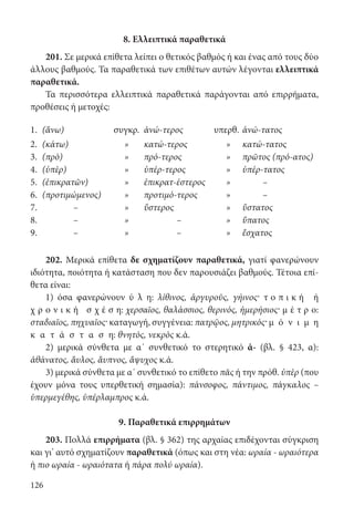 126
8. Ελλειπτικά παραθετικά
201. Σε μερικά επίθετα λείπει ο θετικός βαθμός ή και ένας από τους δύο
άλλους βαθμούς. Τα παραθετικά των επιθέτων αυτών λέγονται ελλειπτικά
παραθετικά.
Τα περισσότερα ελλειπτικά παραθετικά παράγονται από επιρρήματα,
προθέσεις ή μετοχές:
1. (ἄνω) συγκρ. ἀνώ-τερος υπερθ. ἀνώ-τατος
2. (κάτω) » κατώ-τερος » κατώ-τατος
3. (πρὸ) » πρό-τερος » πρῶτος (πρό-ατος)
4. (ὑπὲρ) » ὑπέρ-τερος » ὑπέρ-τατος
5. (ἐπικρατῶν) » ἐπικρατ-έστερος » –
6. (προτιμώμενος) » προτιμό-τερος » –
7. – » ὕστερος » ὕστατος
8. – » – » ὕπατος
9. – » – » ἔσχατος
202. Μερικά επίθετα δε σχηματίζουν παραθετικά, γιατί φανερώνουν
ιδιότητα, ποιότητα ή κατάσταση που δεν παρουσιάζει βαθμούς. Τέτοια επί-
θετα είναι:
1) όσα φανερώνουν ύ λ η: λίθινος, ἀργυροῦς, γήινος· τ ο π ι κ ή ή
χ ρ ο ν ι κ ή σ χ έ σ η: χερσαῖος, θαλάσσιος, θερινός, ἡμερήσιος· μ έ τ ρ ο:
σταδιαῖος, πηχυαῖος· καταγωγή, συγγένεια: πατρῷος, μητρικός· μ ό ν ι μ η
κ α τ ά σ τ α σ η: θνητός, νεκρὸς κ.ά.
2) μερικά σύνθετα με α΄ συνθετικό το στερητικό ἀ- (βλ. § 423, α):
ἀθάνατος, ἄυλος, ἄυπνος, ἄψυχος κ.ά.
3) μερικά σύνθετα με α΄ συνθετικό το επίθετο πᾶς ή την πρόθ. ὑπὲρ (που
έχουν μόνα τους υπερθετική σημασία): πάνσοφος, πάντιμος, πάγκαλος –
ὑπερμεγέθης, ὑπέρλαμπρος κ.ά.
9. Παραθετικά επιρρημάτων
203. Πολλά επιρρήματα (βλ. § 362) της αρχαίας επιδέχονται σύγκριση
και γι’ αυτό σχηματίζουν παραθετικά (όπως και στη νέα: ωραία - ωραιότερα
ή πιο ωραία - ωραιότατα ή πάρα πολύ ωραία).
22-0012.indd 126 2/19/14 5:36 PM
 